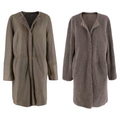 Yves Salmon Grey-Brown Reversible Shearling Collarless Coat - US 10