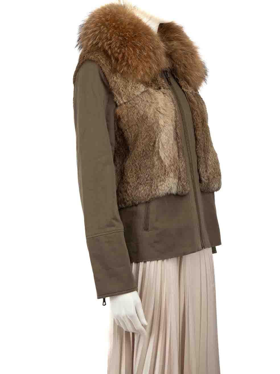 CONDITION is Very good. Hardly any visible wear to jacket is evident on this used Yves Salomon designer resale item.
 
 
 
 Details
 
 
 Khaki
 
 Cotton
 
 Bomber jacket
 
 Short length
 
 Zip removable rabbit fur panelled
 
 Front zip closure
 
