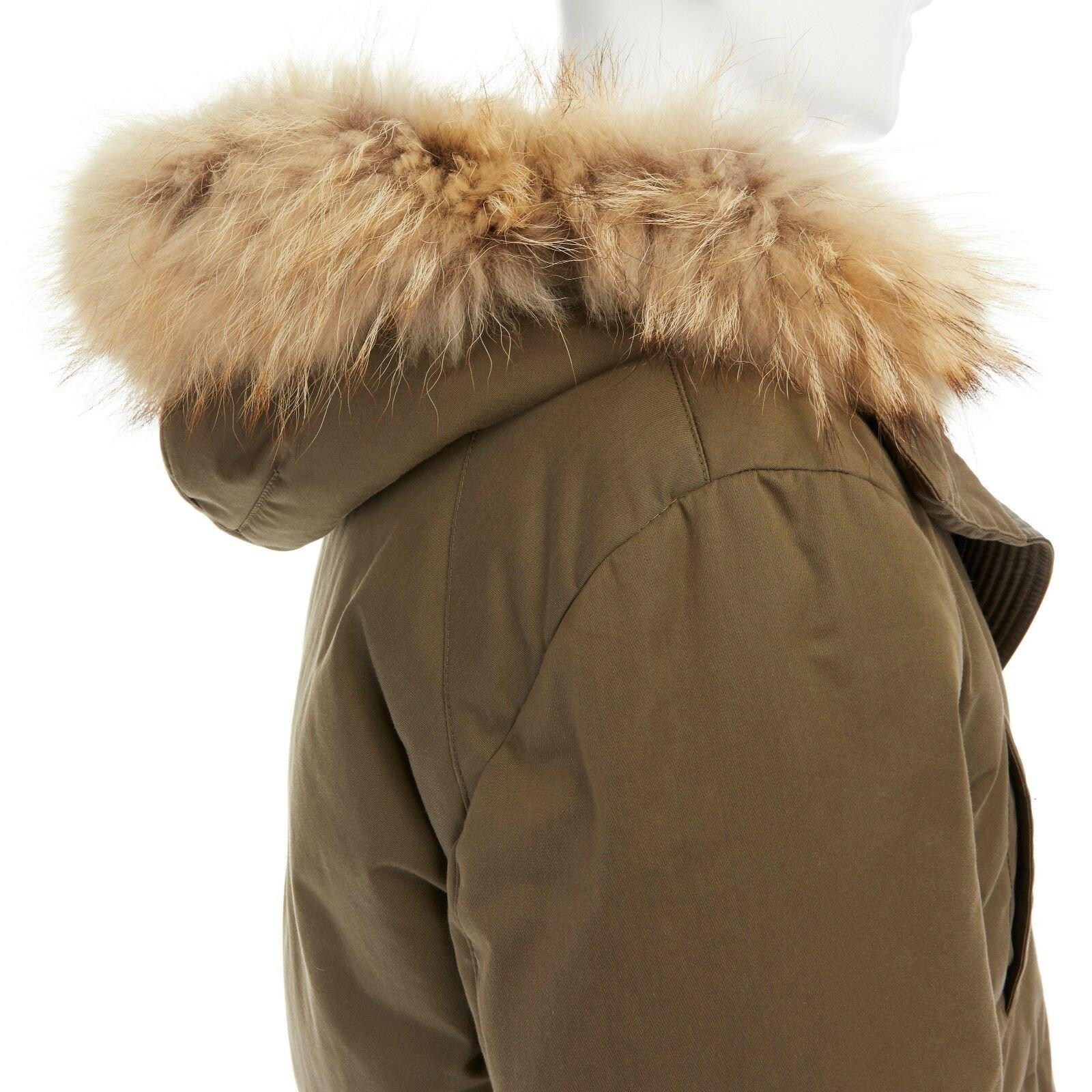 YVES SALOMON HOMME brown rabbit fur lined hooded padded green parka coat L 3