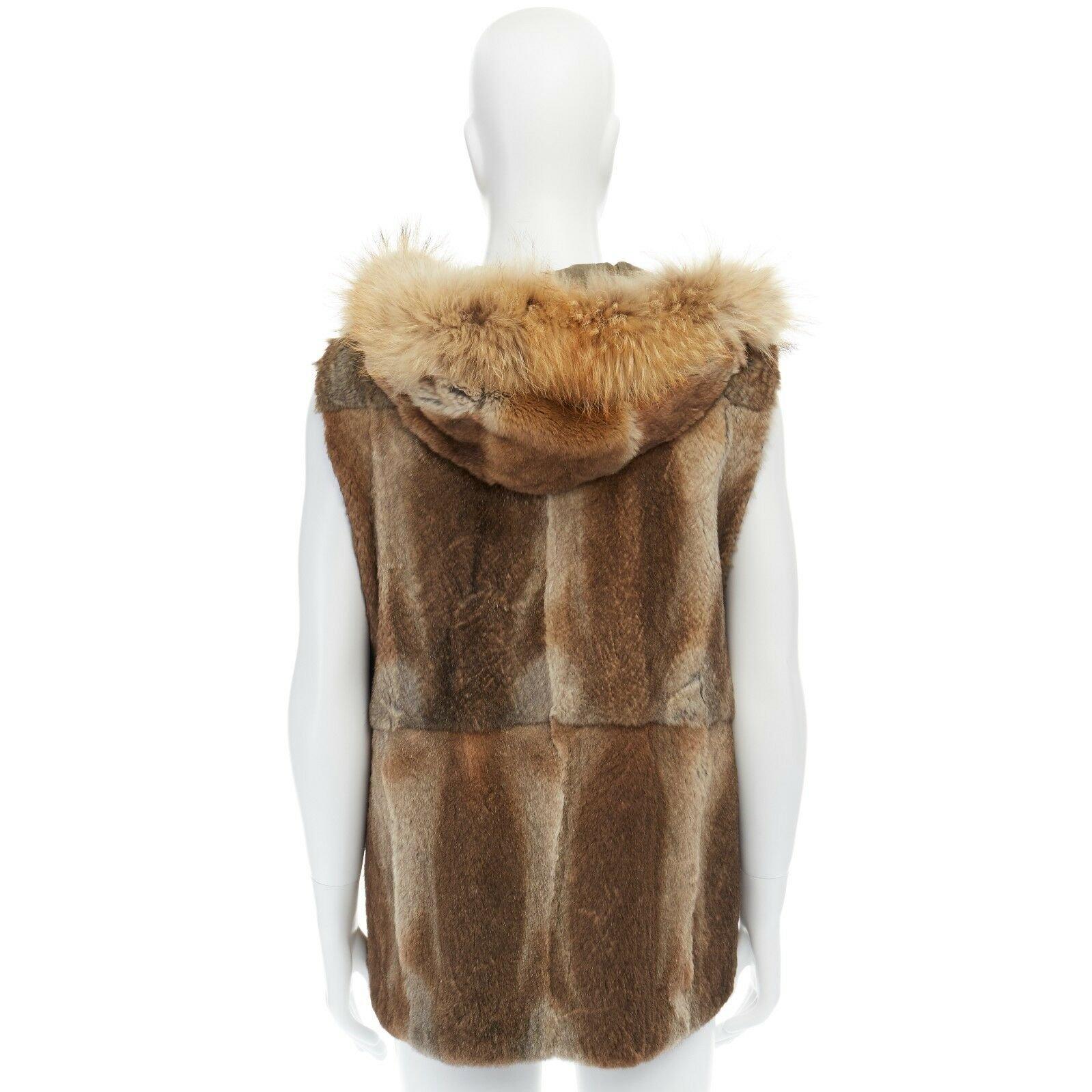 YVES SALOMON HOMME brown rabbit fur lined hooded padded green parka coat L In Good Condition In Hong Kong, NT