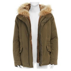 YVES SALOMON HOMME brauner Kaninchenfell gefütterter gepolsterter grüner Parka-Mantel mit Kapuze L