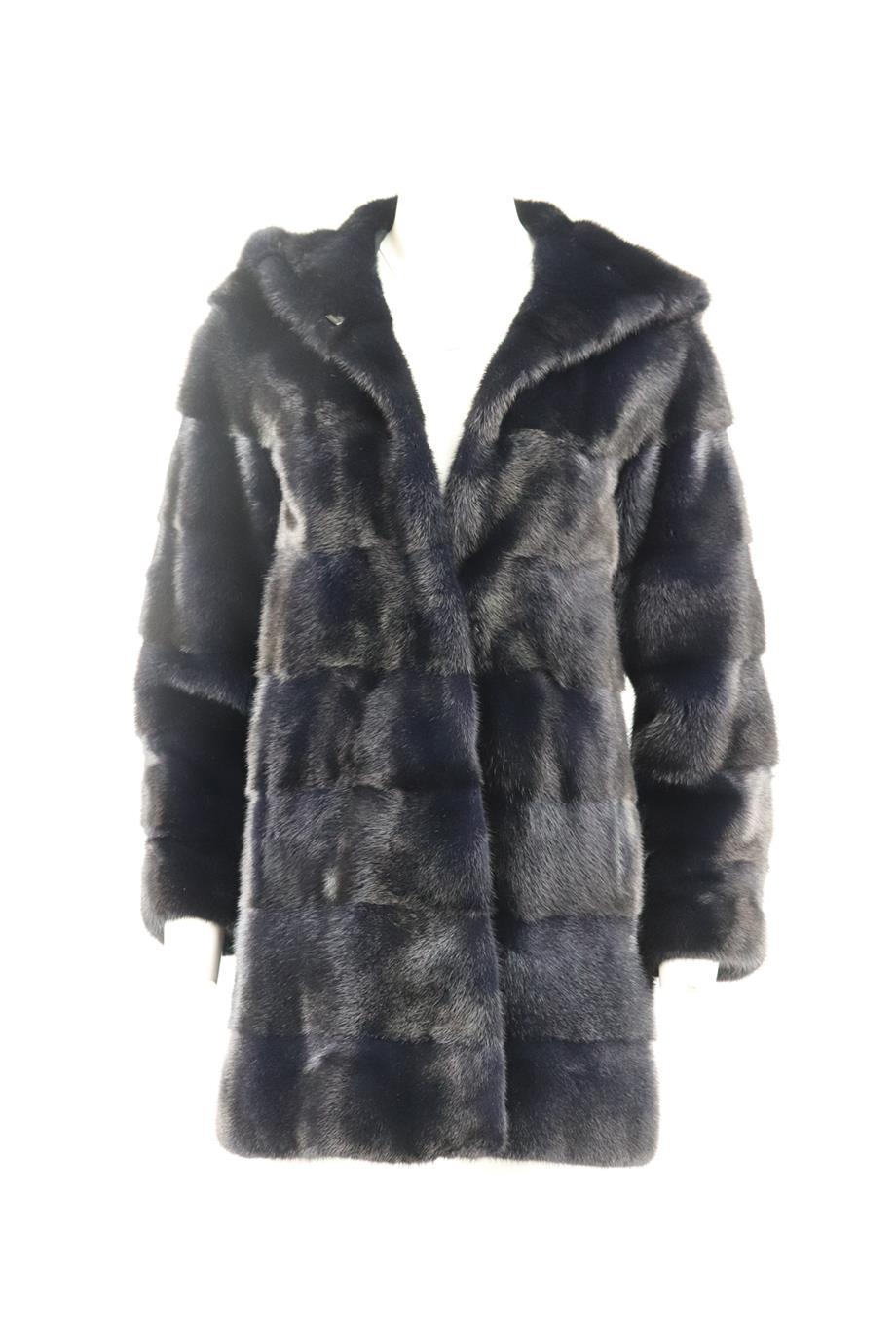 Yves Salomon hooded mink fur coat. Navy. Long sleeve, crewneck. Hook and eye fastening at front. 100% Mink fur; lining: 100% silk. Size: FR 34 (UK 6, US 2, IT 38). Shoulder to shoulder: 16.4 in. Bust: 34.4 in. Waist: 36.4 in. Hips: 41 in. Length: