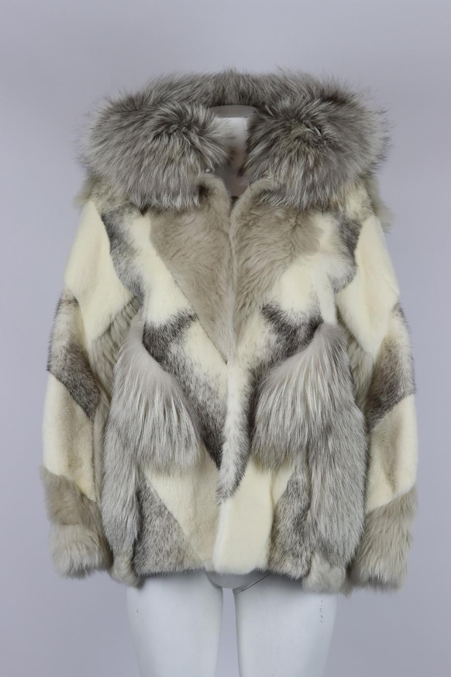 Yves Salomon hooded shearling, mink and fox fur jacket. Grey and white. Long sleeve, crewneck. Hook and eye fastening at front. 100% Lamb; fabric2: 100% mink; fabric3: 100% fox; lining: 100% silk. Size: XSmall (UK 6, US 2, FR 34, IT 38). Shoulder to