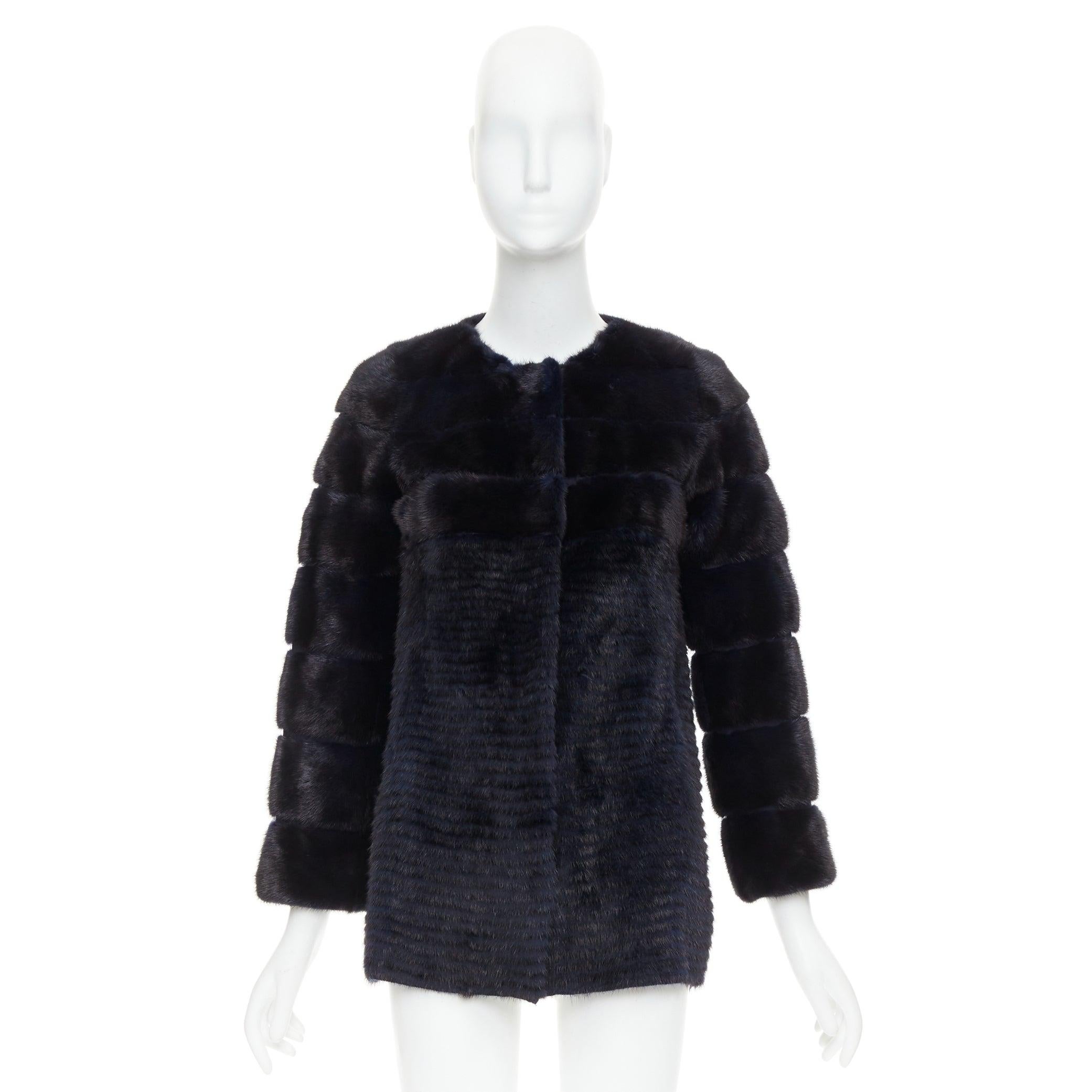 YVES SALOMON KIDS black navy horizontal mink fur work collarless coat Y12 For Sale 5