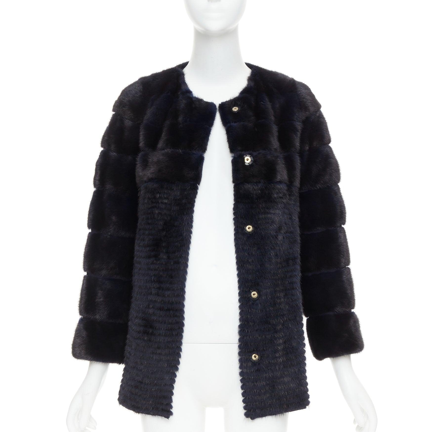 Black YVES SALOMON KIDS black navy horizontal mink fur work collarless coat Y12 For Sale