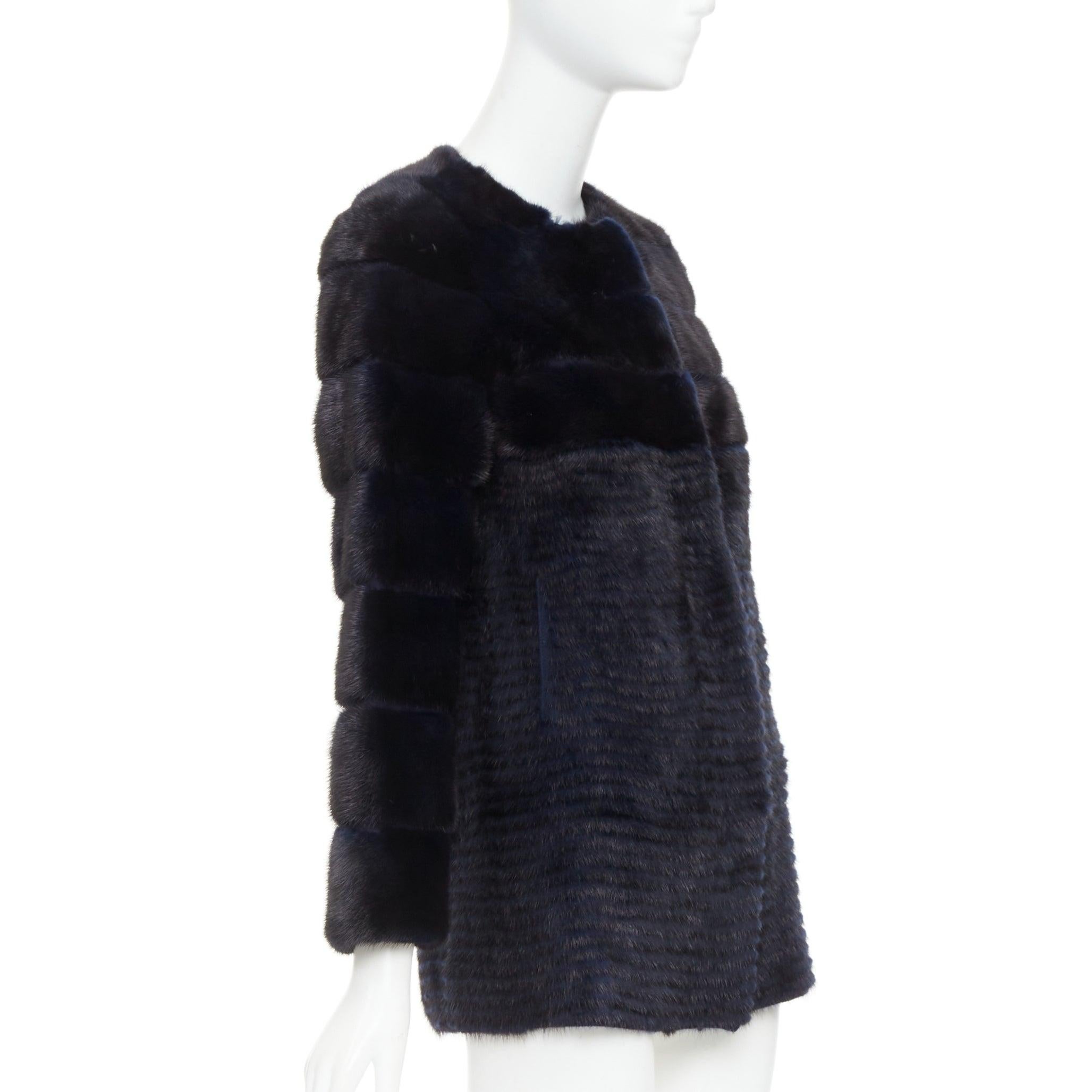 YVES SALOMON KIDS black navy horizontal mink fur work collarless coat Y12 In Excellent Condition For Sale In Hong Kong, NT