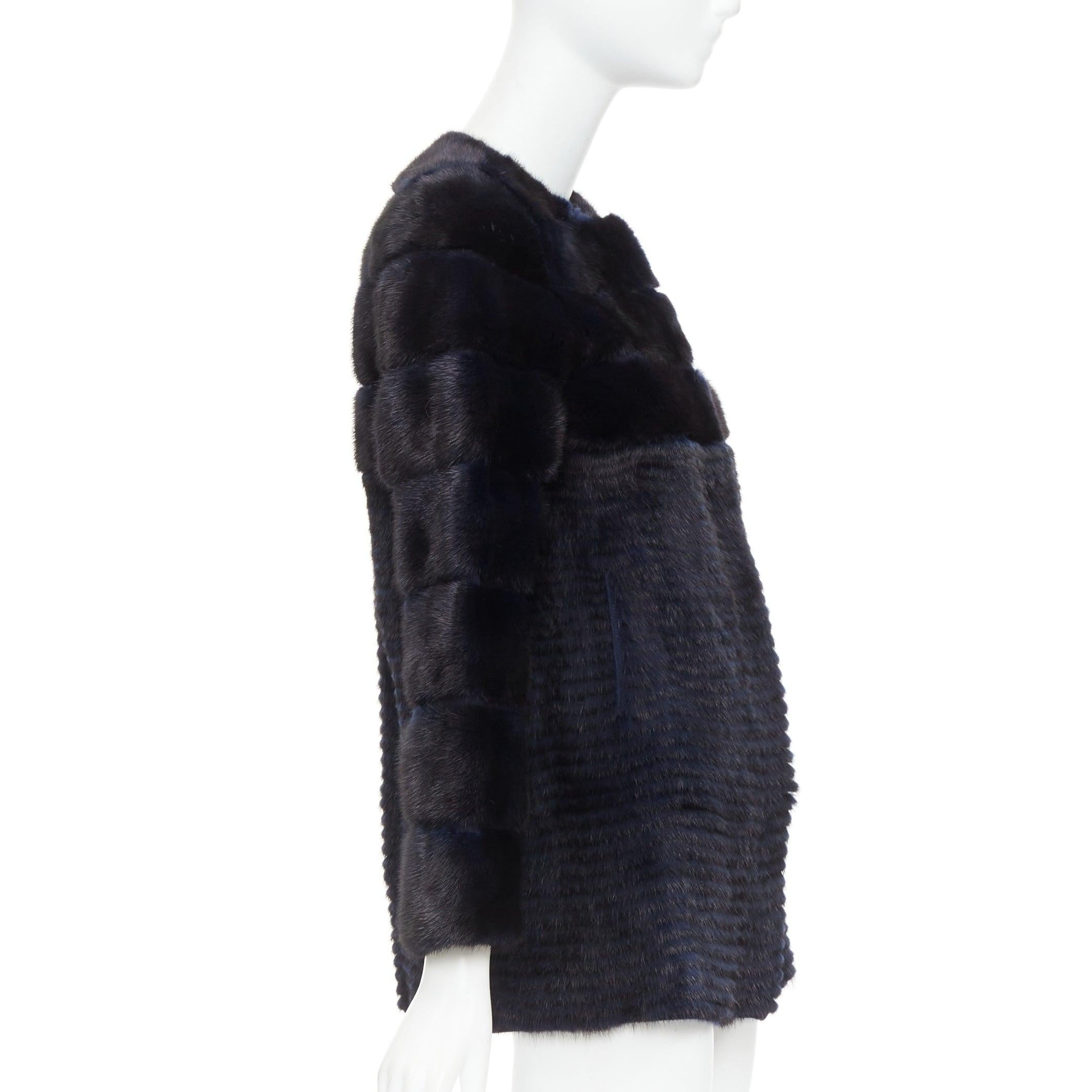 Women's YVES SALOMON KIDS black navy horizontal mink fur work collarless coat Y12 For Sale