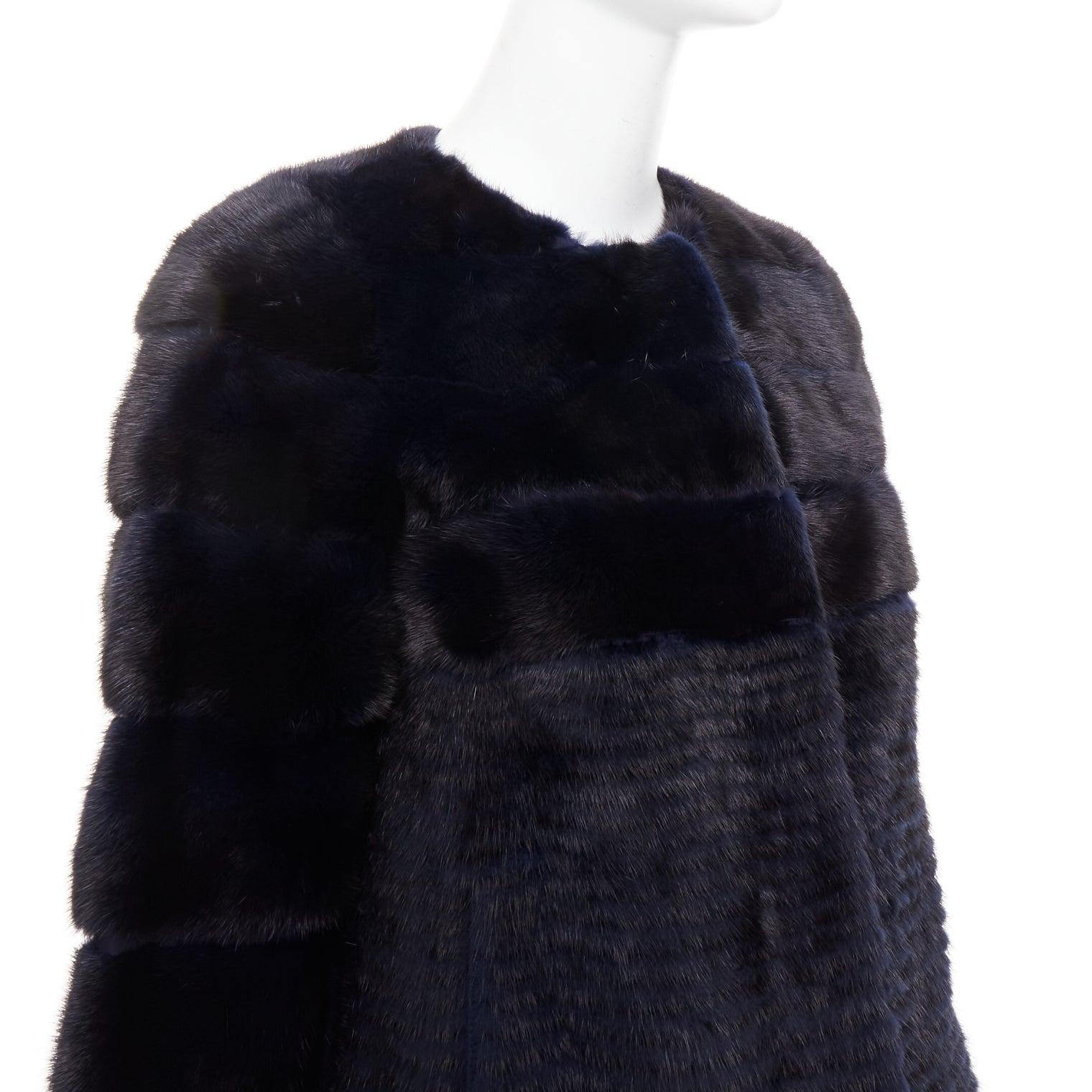 YVES SALOMON KIDS black navy horizontal mink fur work collarless coat Y12 For Sale 3