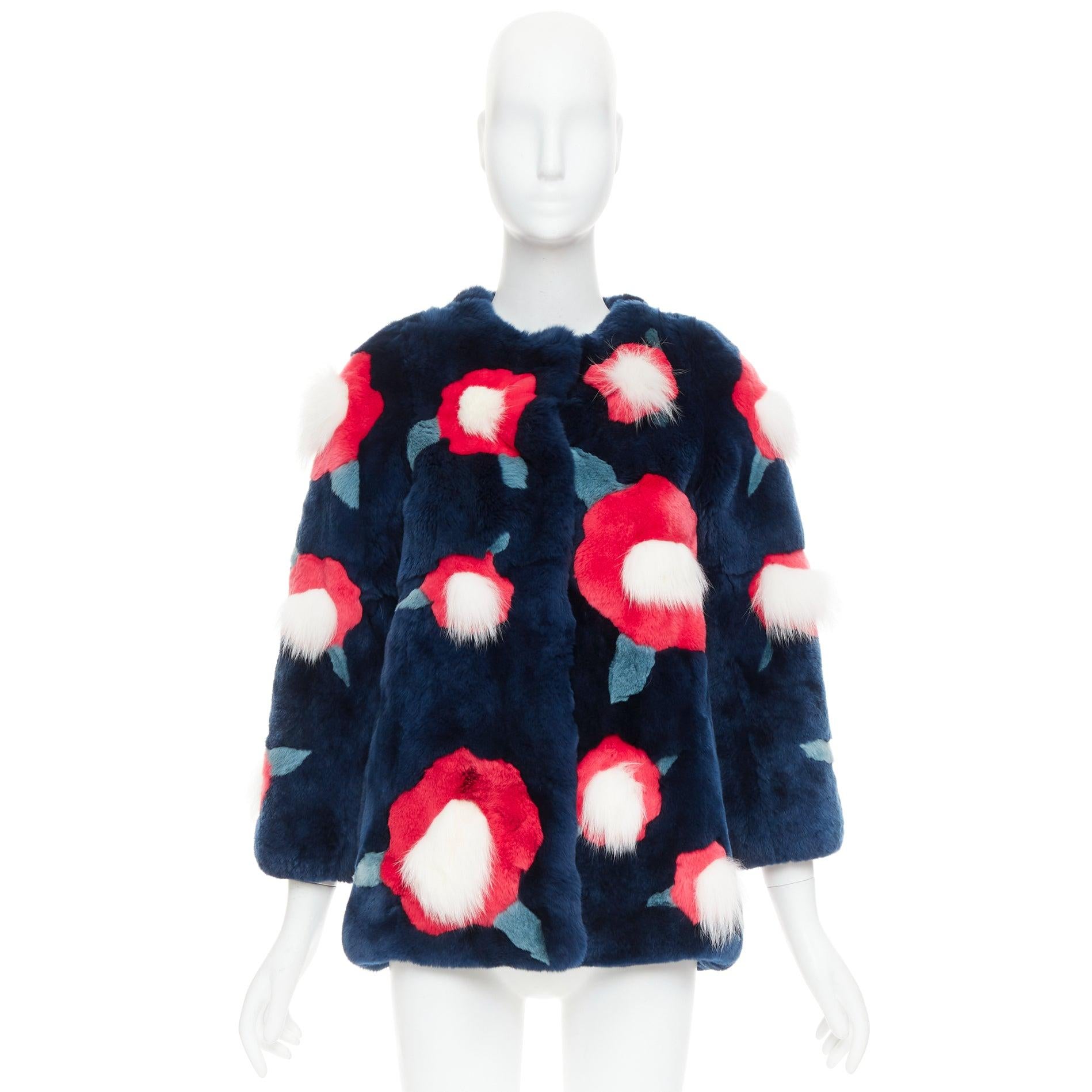 YVES SALOMON KIDS navy rabbit mink floral patchwork coat Yr10 XS For Sale 5