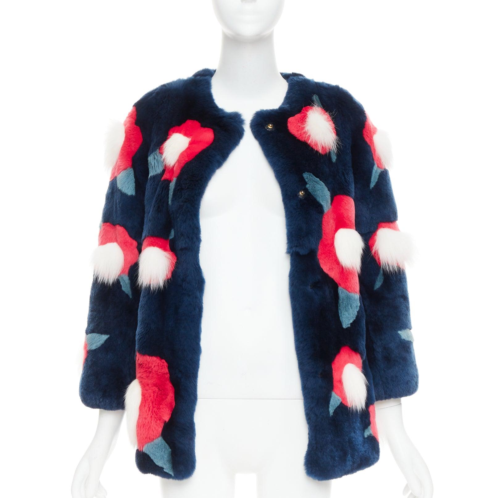 Black YVES SALOMON KIDS navy rabbit mink floral patchwork coat Yr10 XS For Sale