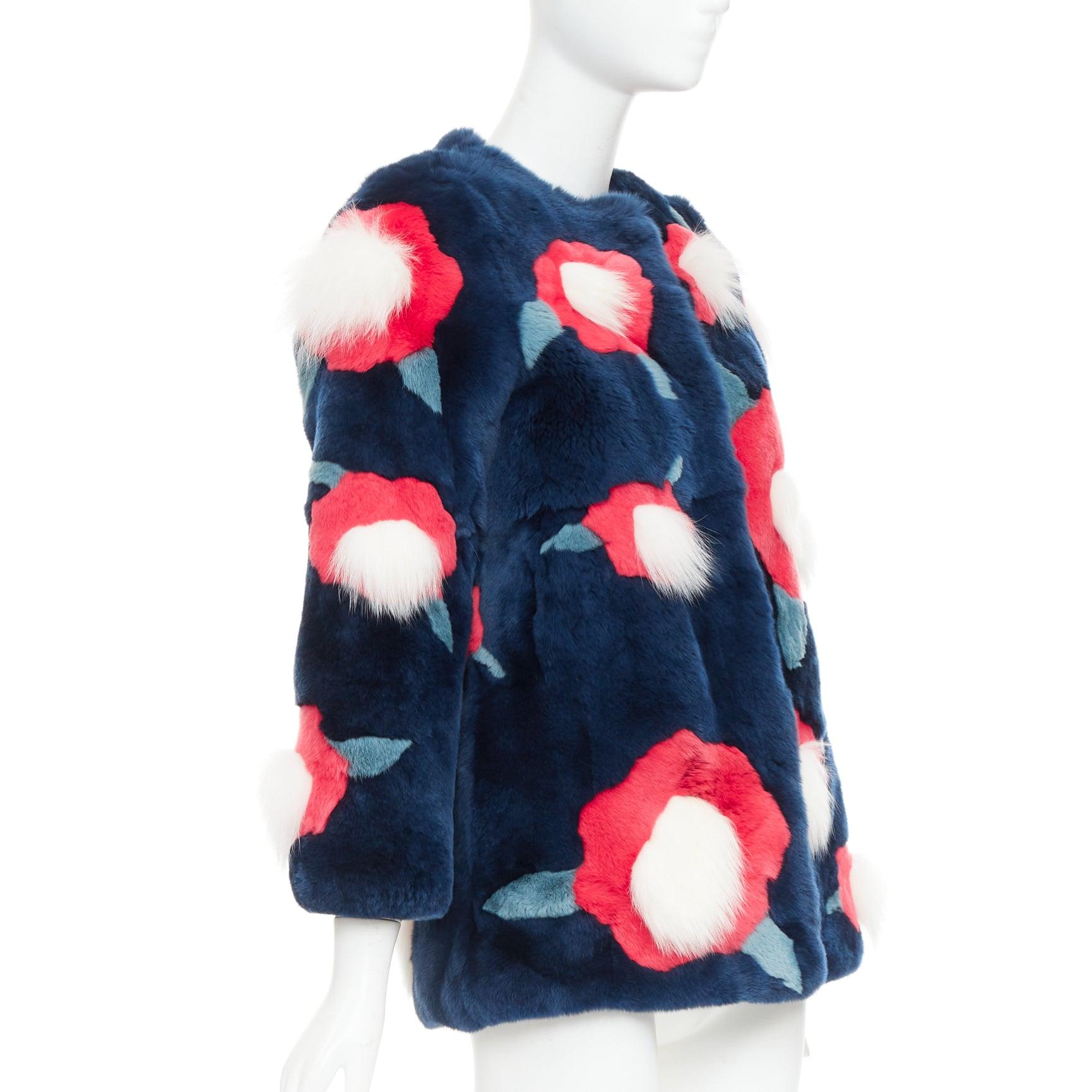 YVES SALOMON KIDS navy rabbit mink floral patchwork coat Yr10 XS In Excellent Condition For Sale In Hong Kong, NT