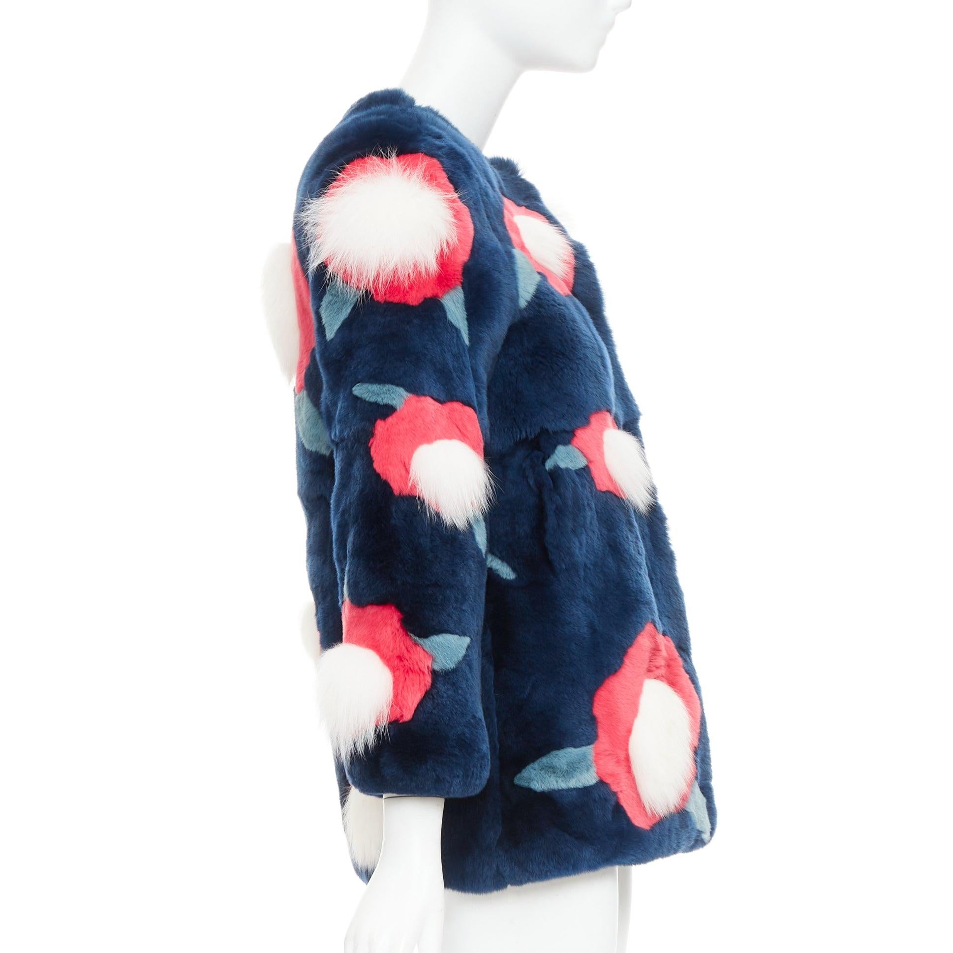Women's YVES SALOMON KIDS navy rabbit mink floral patchwork coat Yr10 XS For Sale