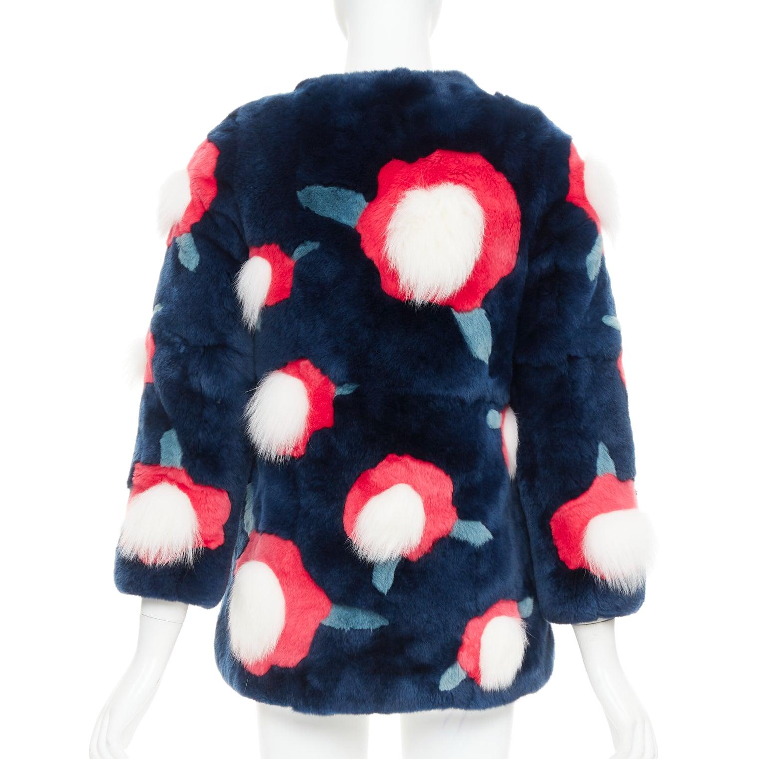 YVES SALOMON KIDS navy rabbit mink floral patchwork coat Yr10 XS For Sale 1