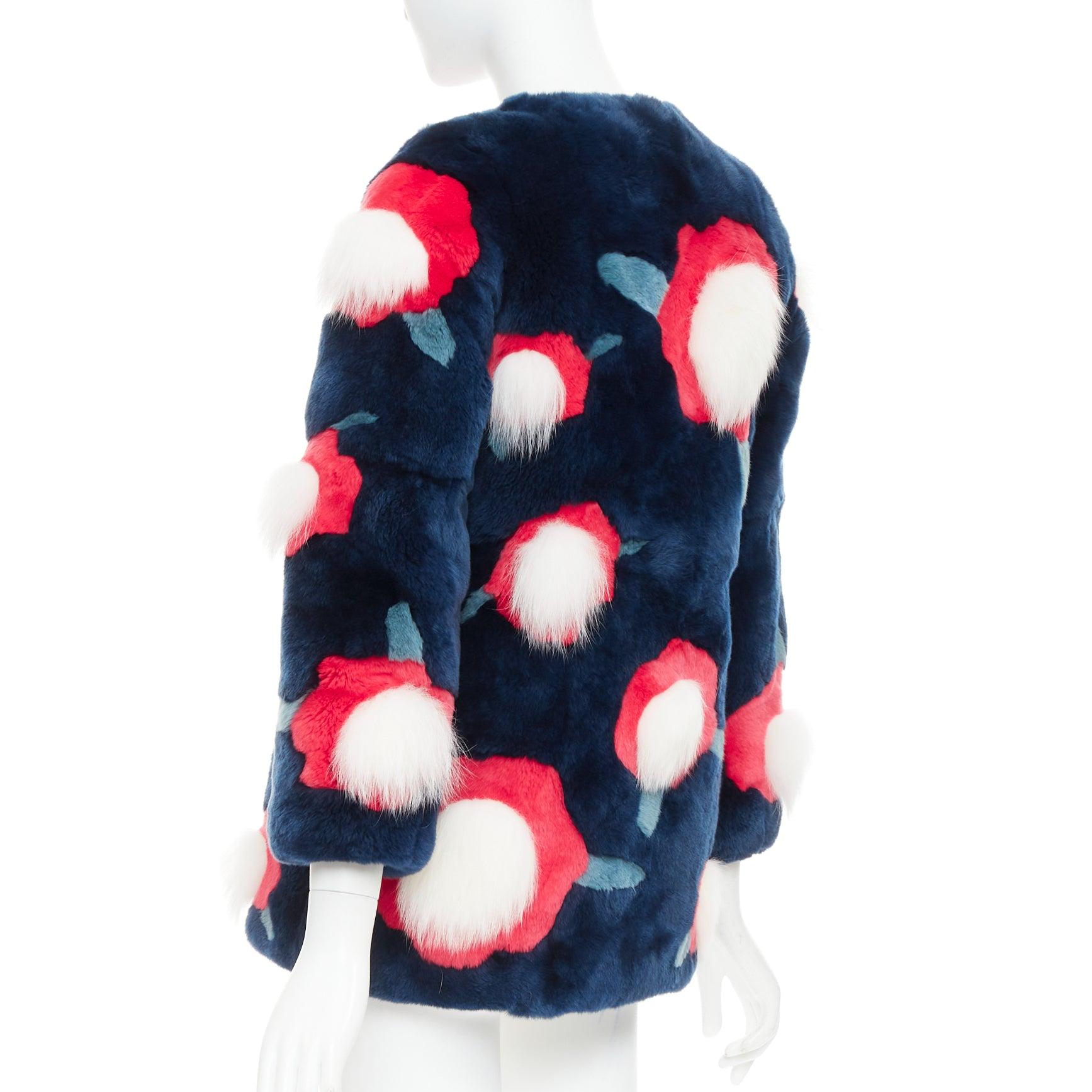 YVES SALOMON KIDS navy rabbit mink floral patchwork coat Yr10 XS For Sale 2