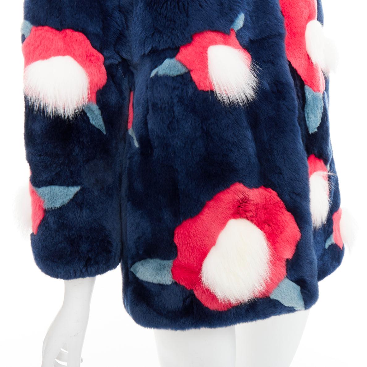 YVES SALOMON KIDS navy rabbit mink floral patchwork coat Yr10 XS For Sale 3