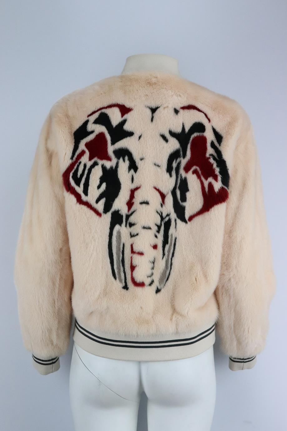 Yves Salomon printed mink fur bomber jacket. Pink, red and black. Long sleeve, crewneck. Zip fastening at front. 100% Mink; ribbing: 89% cotton, 9% polyamide, 2% elastane; lining: 100% silk; details: 100% leather. Size: FR 36 (UK 8, US 4, IT 40).