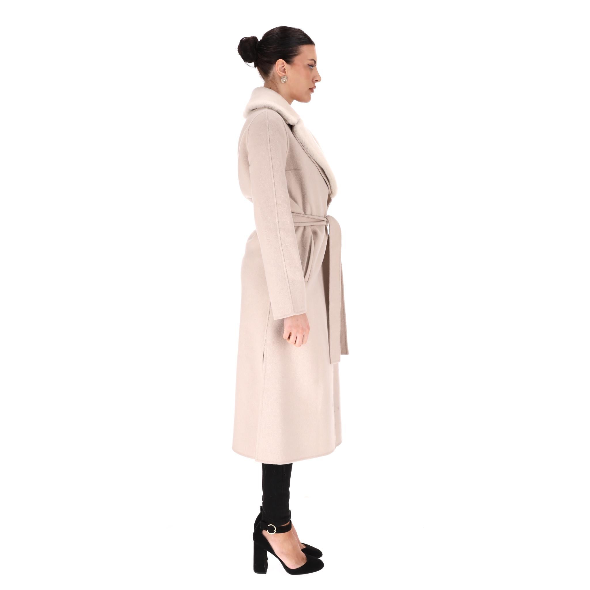 Beige Yves Salomon Wool & Cashmere Coat With Lamb Shearling Collar For Sale