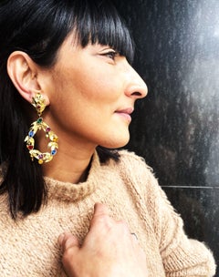 YVes Sant Laurent Paris, hanging ear clip, gold plated and colorful rhinestones