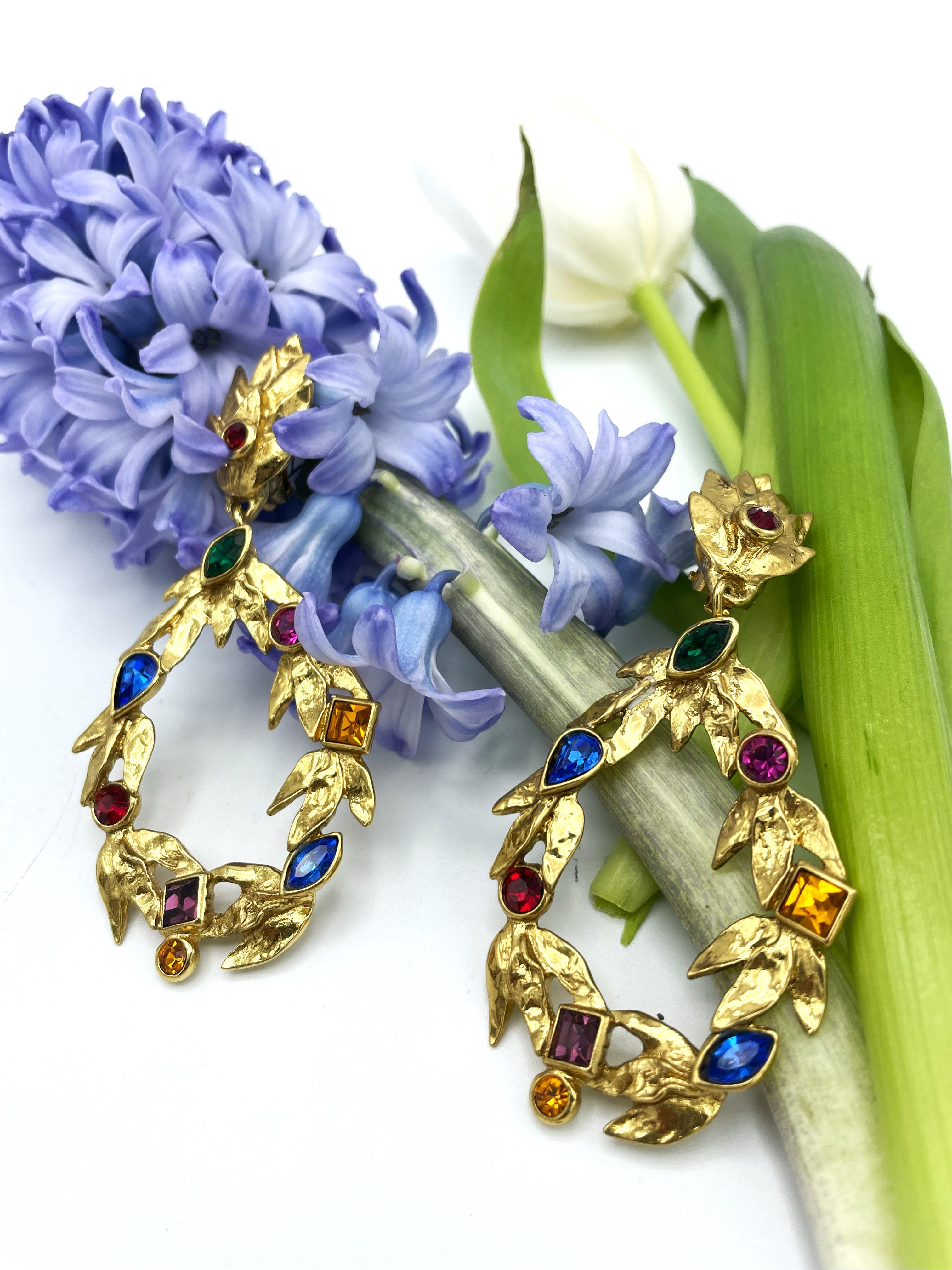 Modern YVes Sant Laurent Paris, hanging ear clip, gold plated and colorful rhinestones  For Sale