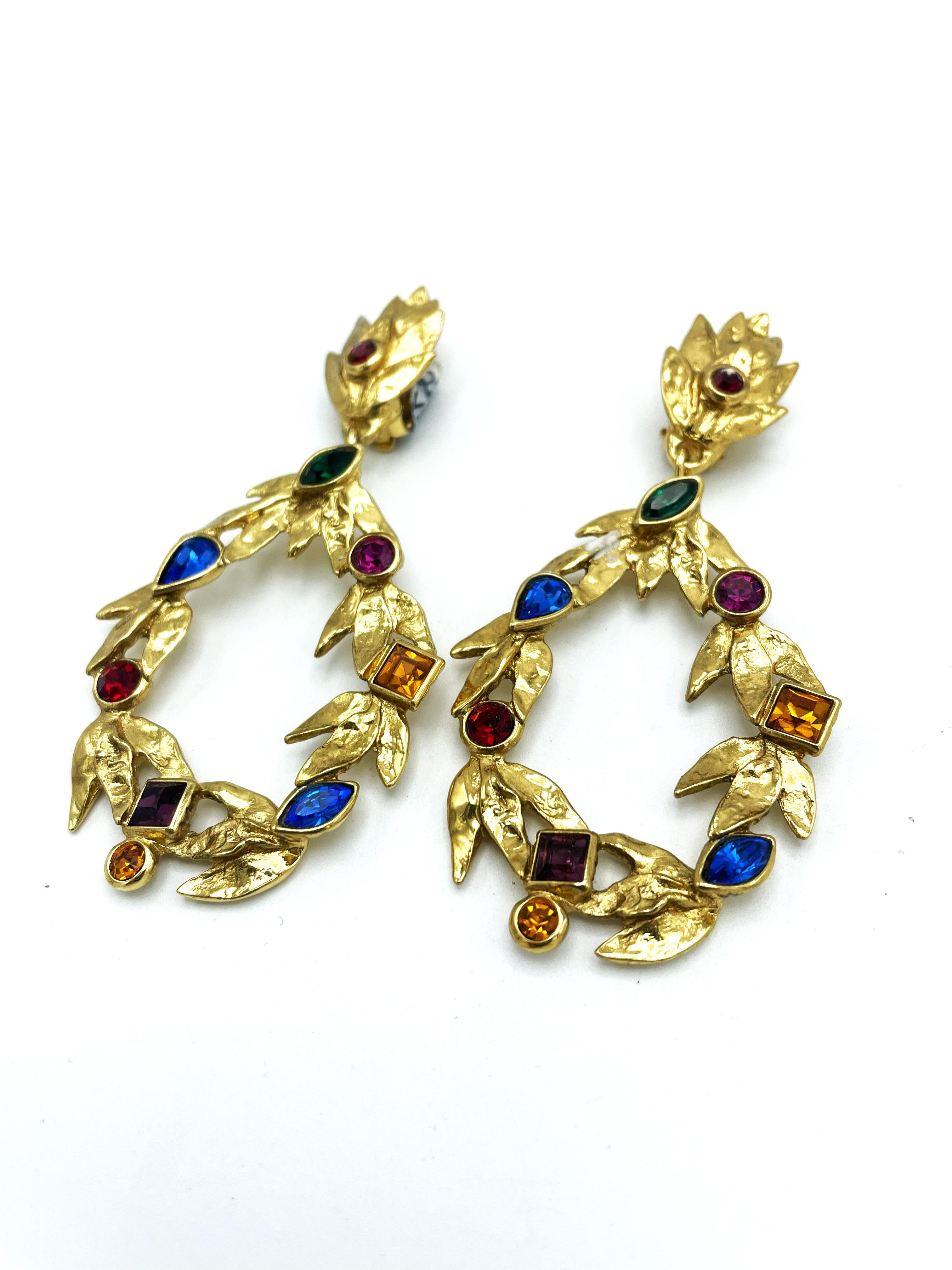 Mixed Cut YVes Sant Laurent Paris, hanging ear clip, gold plated and colorful rhinestones  For Sale