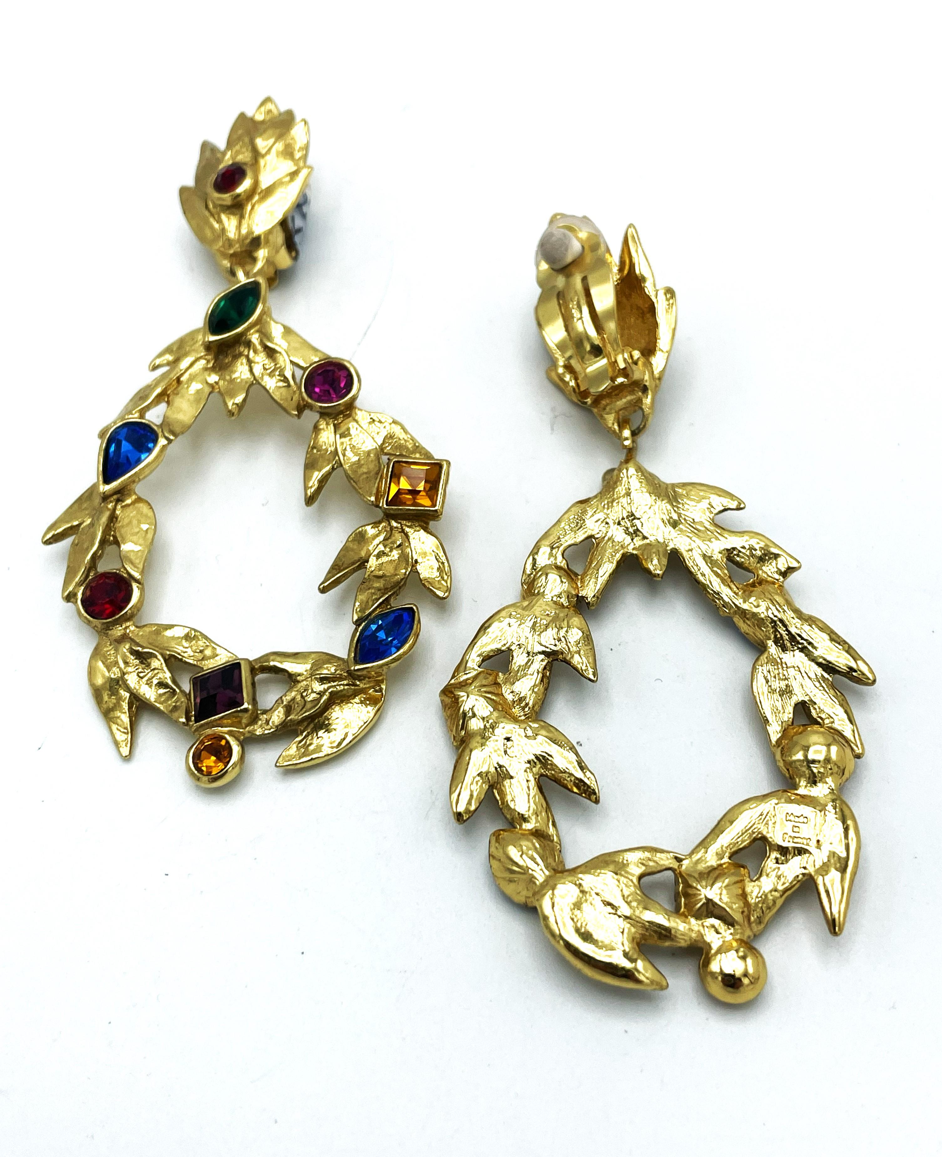 Women's YVes Sant Laurent Paris, hanging ear clip, gold plated and colorful rhinestones  For Sale