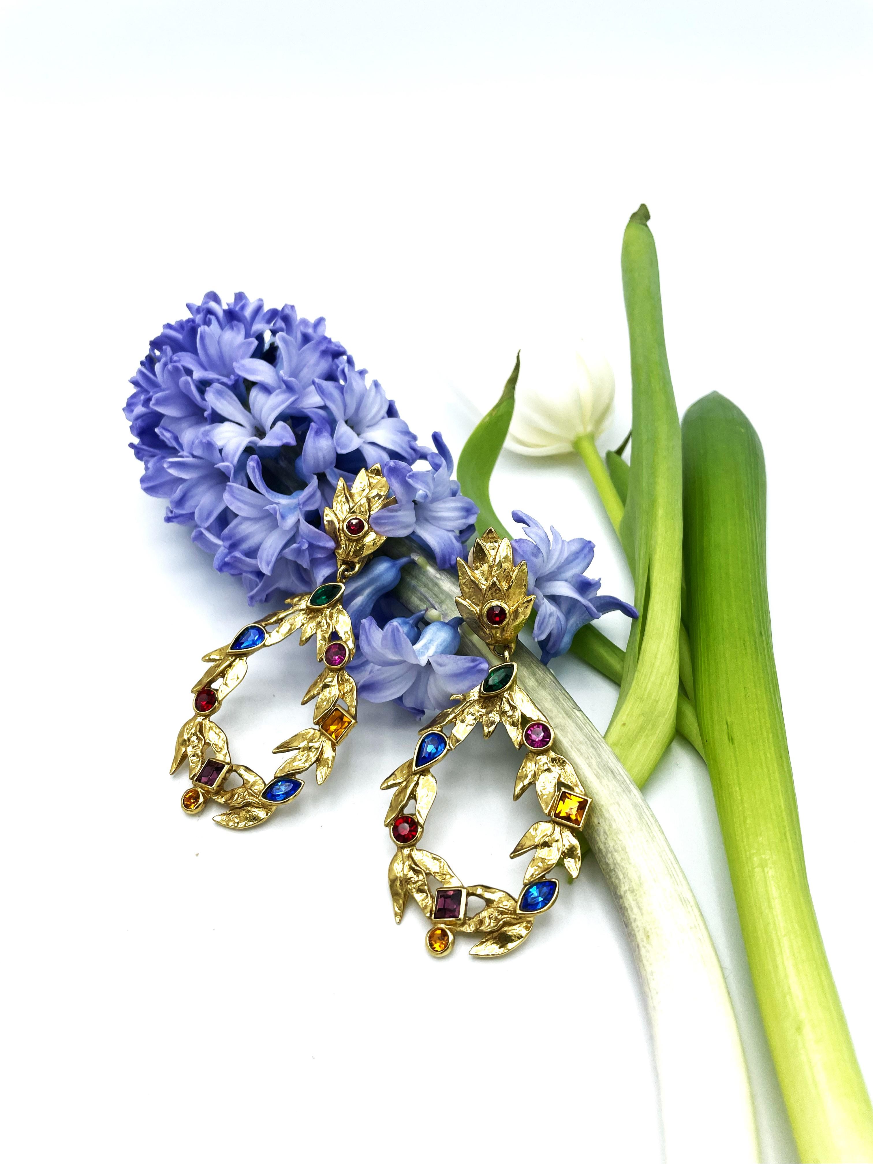 YVes Sant Laurent Paris, hanging ear clip, gold plated and colorful rhinestones  For Sale 3
