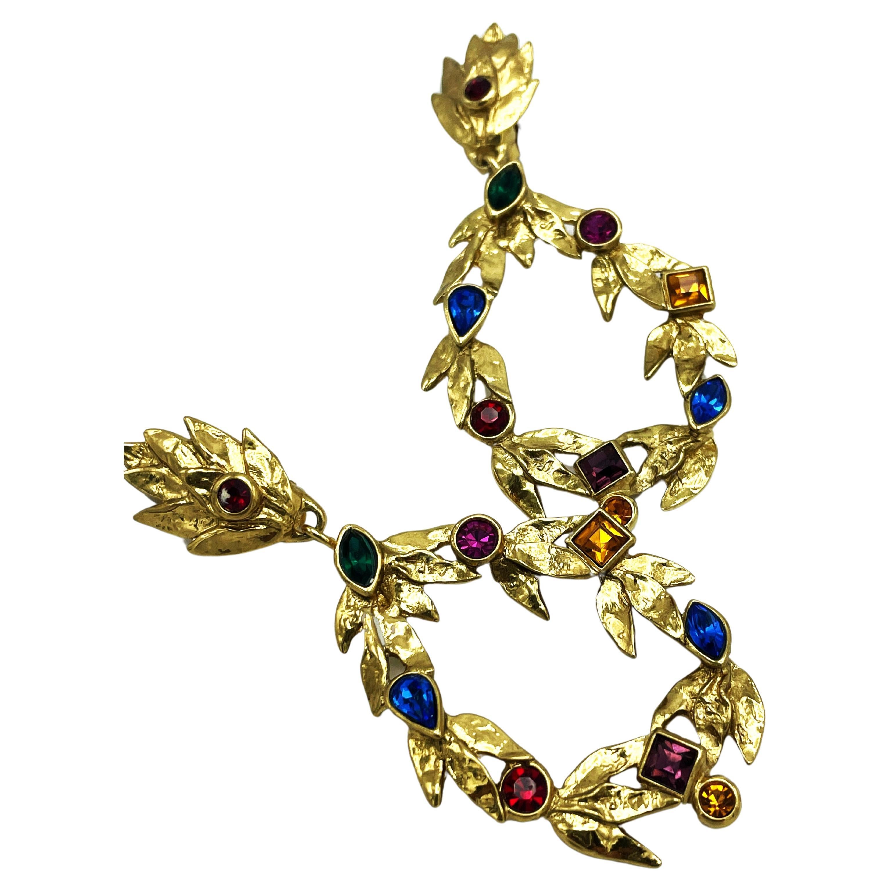 YVes Sant Laurent Paris, hanging ear clip, gold plated and colorful rhinestones  For Sale