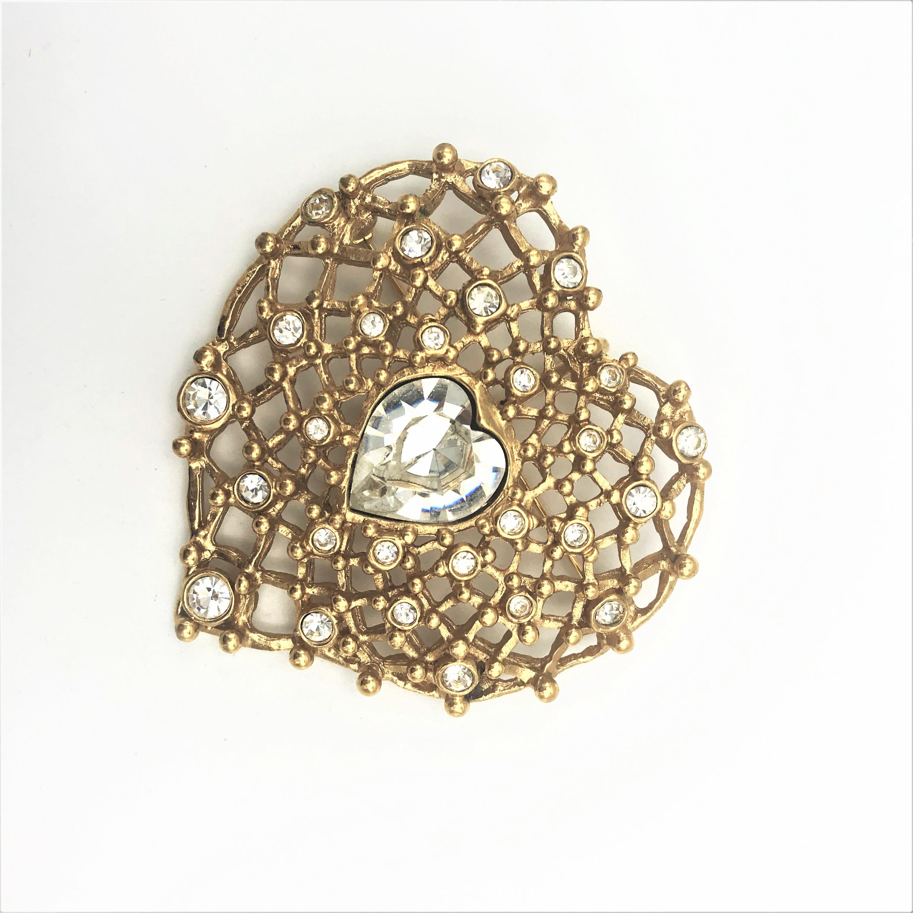 Artisan Yves St. Laurent Paris heart brooch with rhinestones gold plated 1980/90s