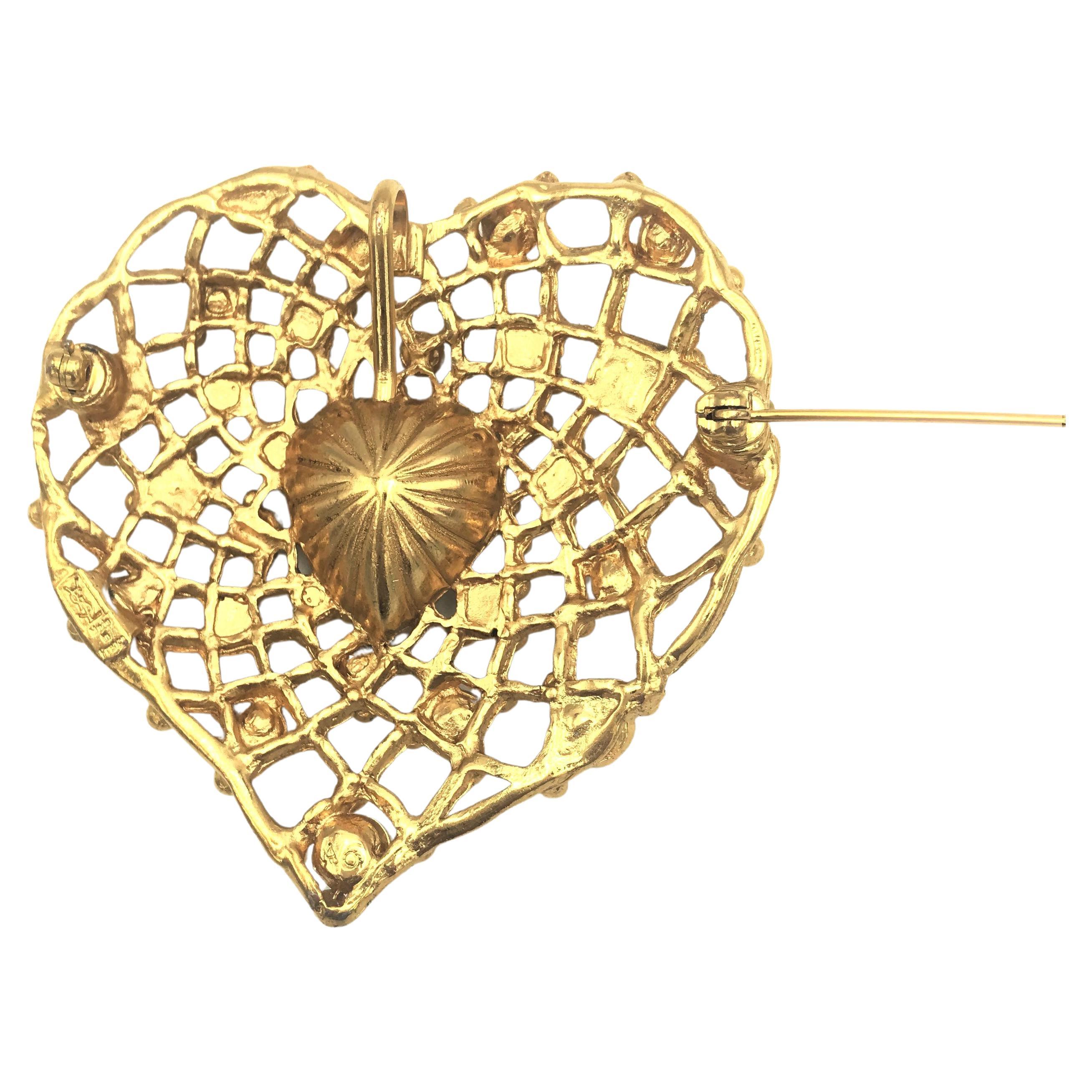 Heart Cut Yves St. Laurent Paris heart brooch with rhinestones gold plated 1980/90s