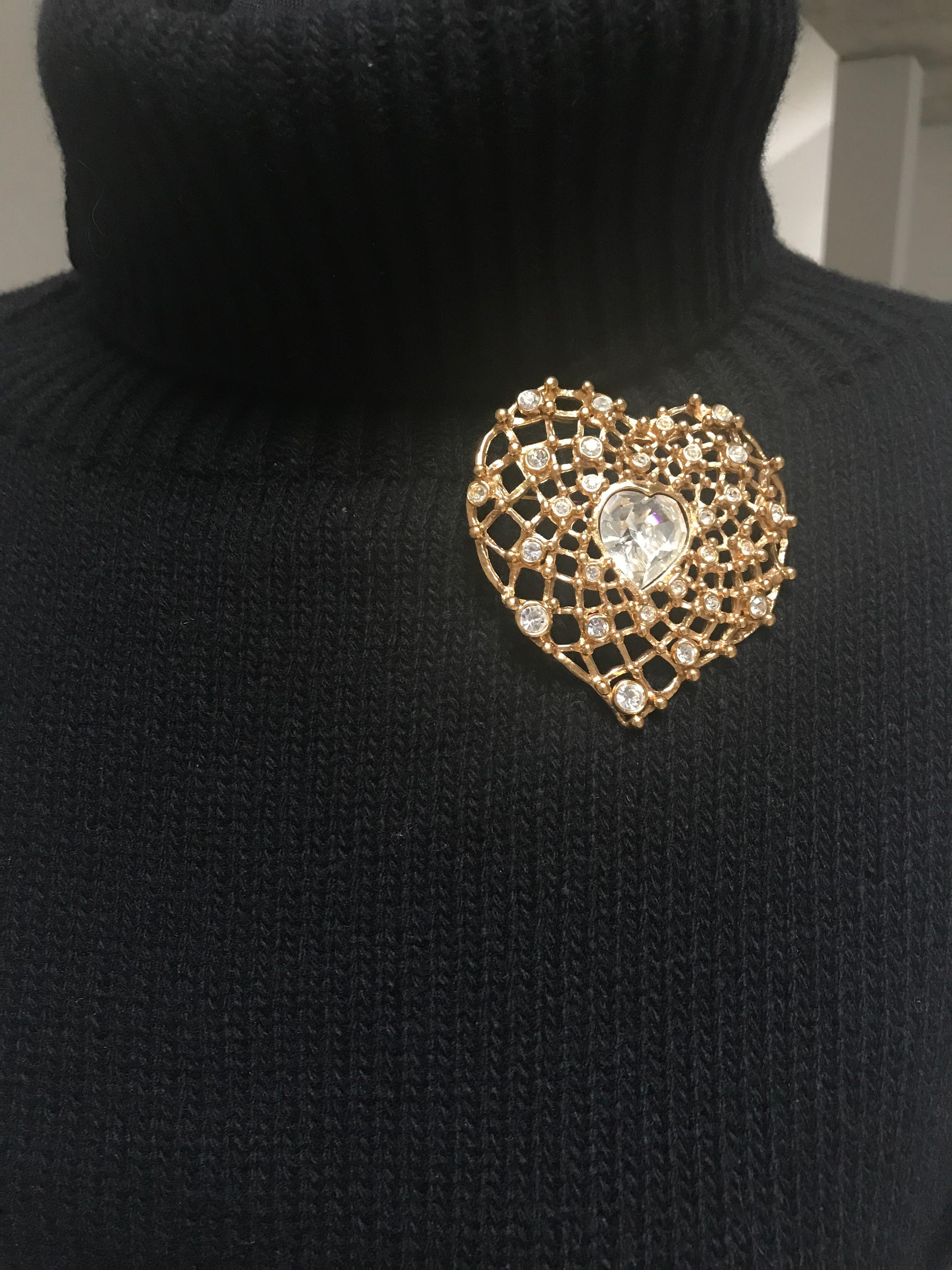 Yves St. Laurent Paris heart brooch with rhinestones gold plated 1980/90s 2
