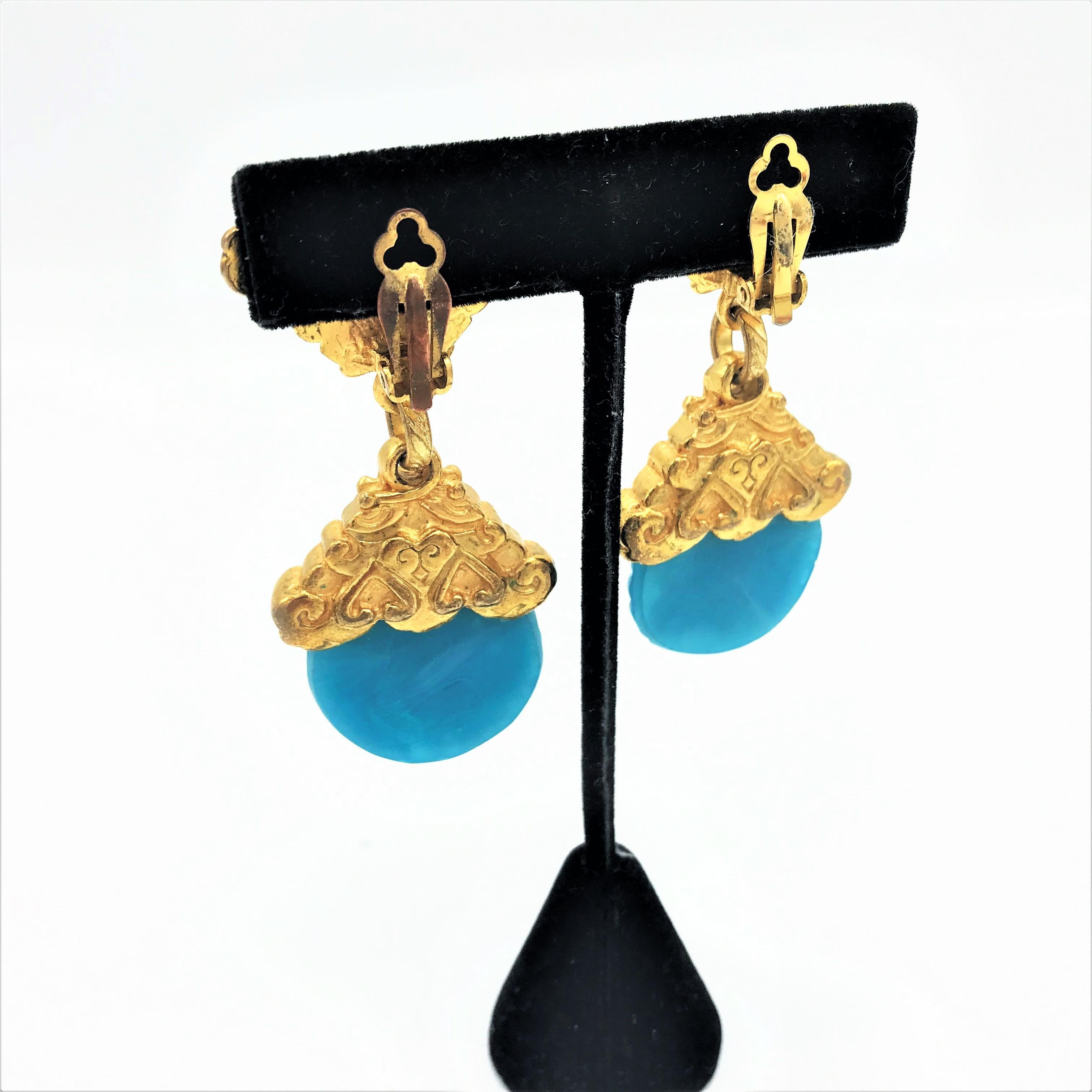 Round Cut Yves St. Laurent Paris rive gauch ear clip turquoise Peking glass 1980s gold pla
