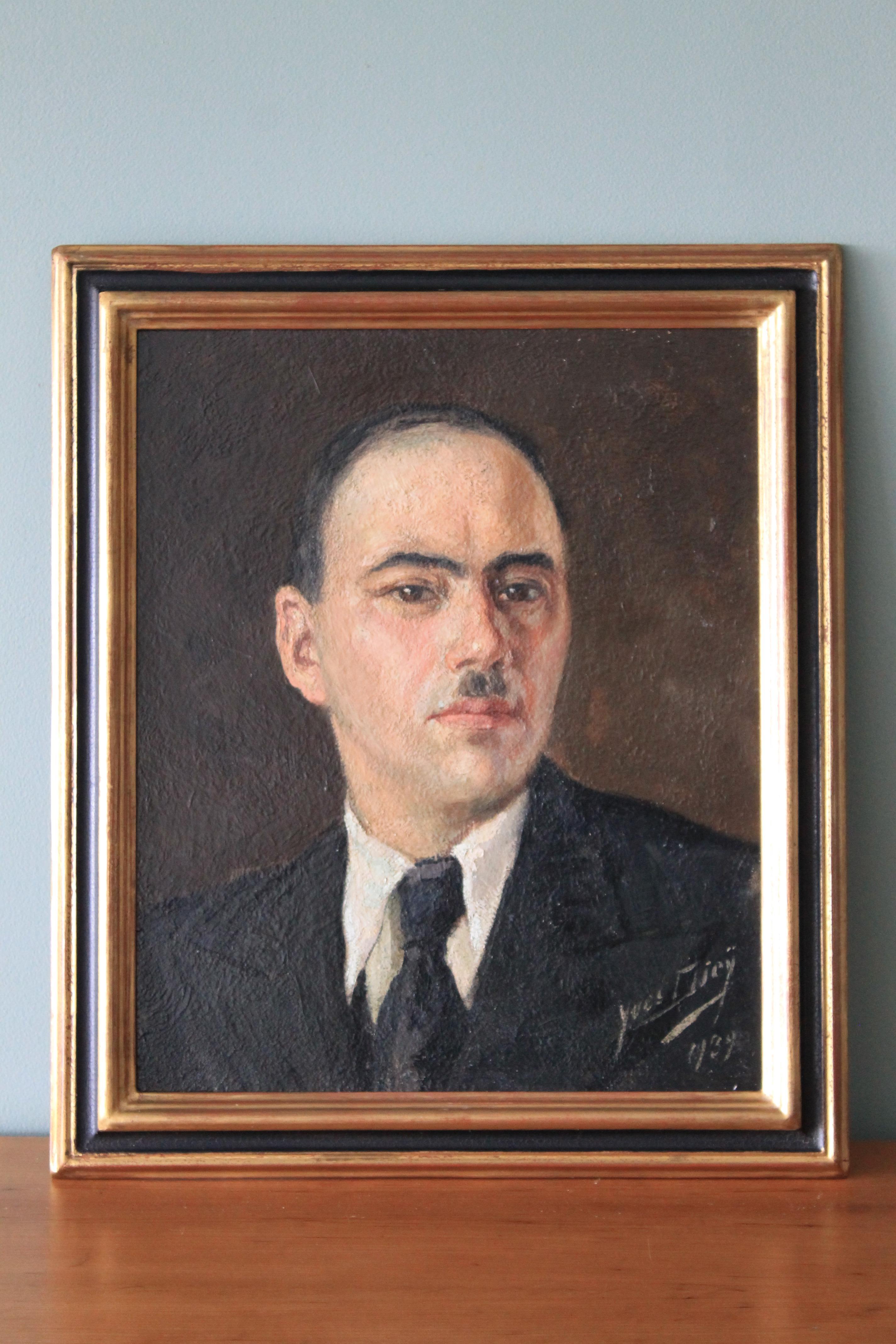 Vintage mid century oil portrait of a man by Yves Thiey 1