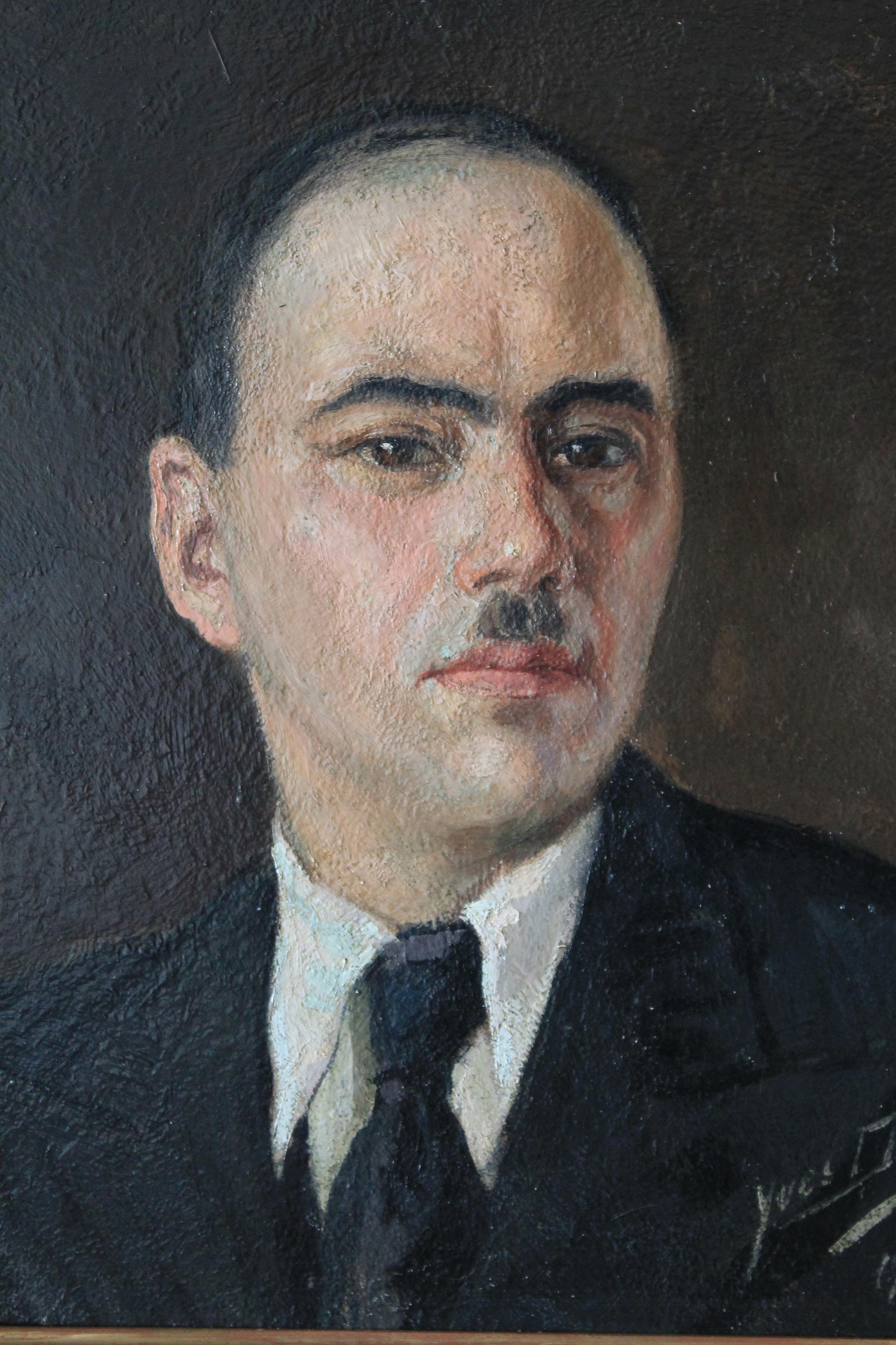 Moody and atmospheric vintage gentleman oil portrait from the 1930's signed and datd by the artist in the lower right corner.  This is a very appealing oil portrait of a man with a slightly hauty appearance.  It's on hardboard and very well painted