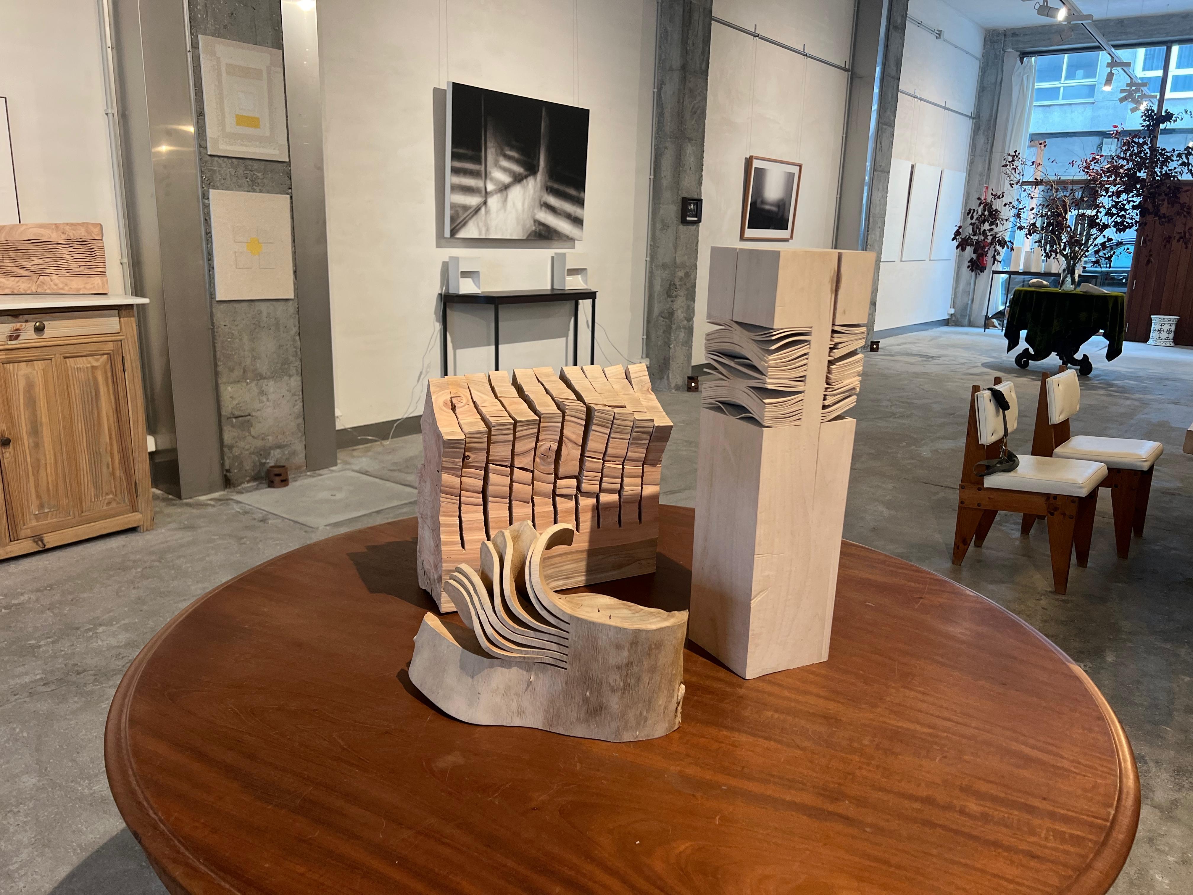 Yves Tilly crée des rythmes entre le vide et le plein à travers ces coupes dans le bois encore vert. Avec le temps, le bois se déforme et des ondulations apparaissent.

