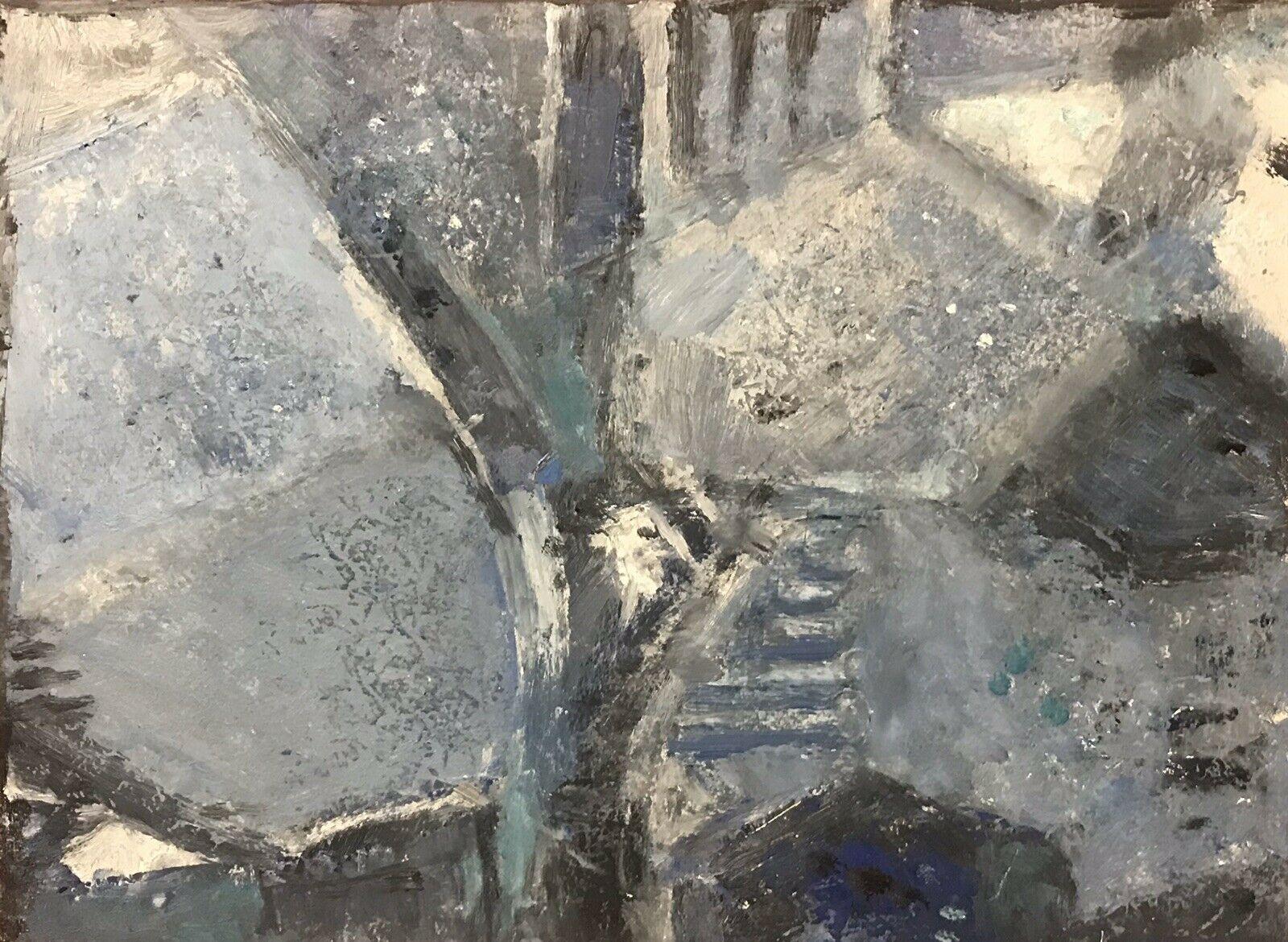 Yvette Dubois Habasque Abstract Painting - 20th CENTURY FRENCH CUBIST ABSTRACT PAINTING BLUE WHITE GREY COLOURS