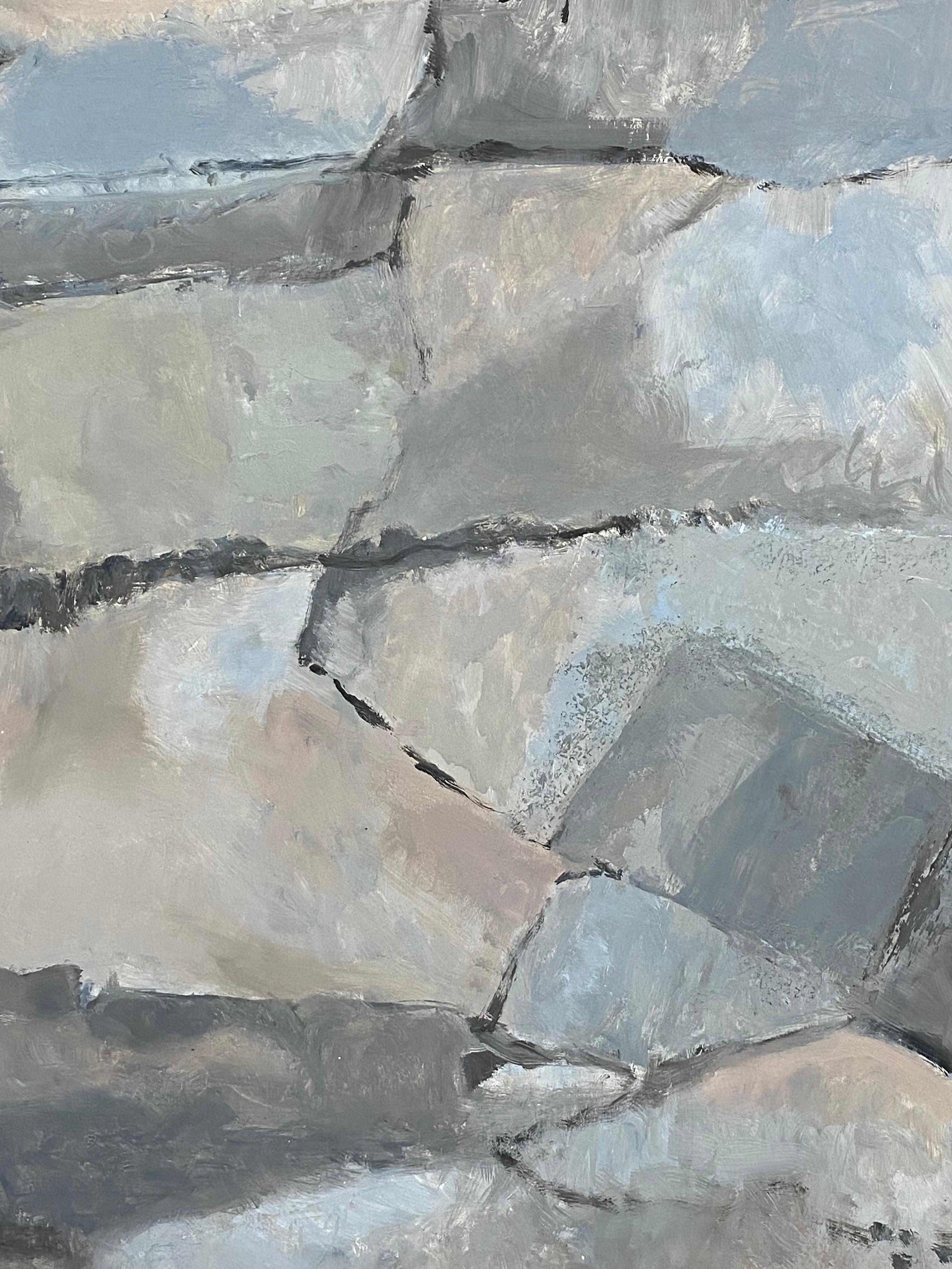 Pittura ad olio originale espressionista astratta - Blocchi grigi e rosa - Painting di Yvette Dubois Habasque