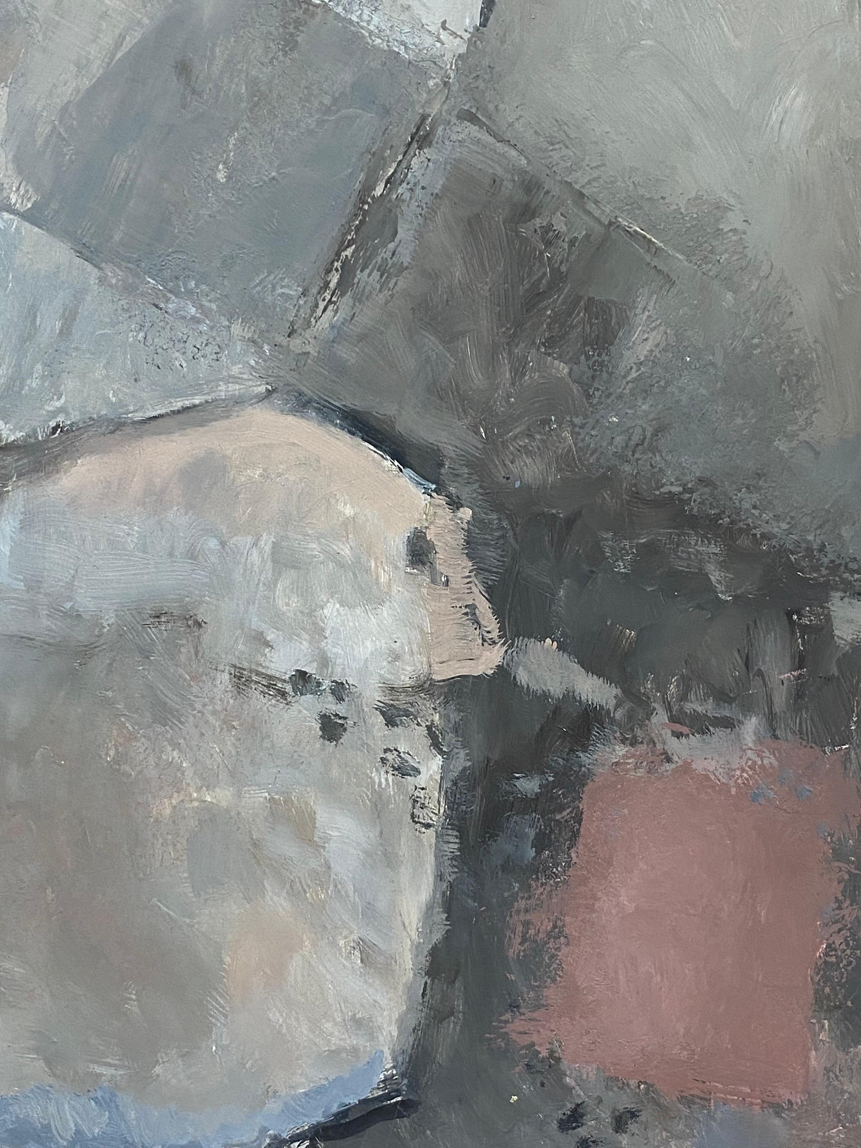 Pittura ad olio originale espressionista astratta - Blocchi grigi e rosa - Painting Espressionismo astratto di Yvette Dubois Habasque