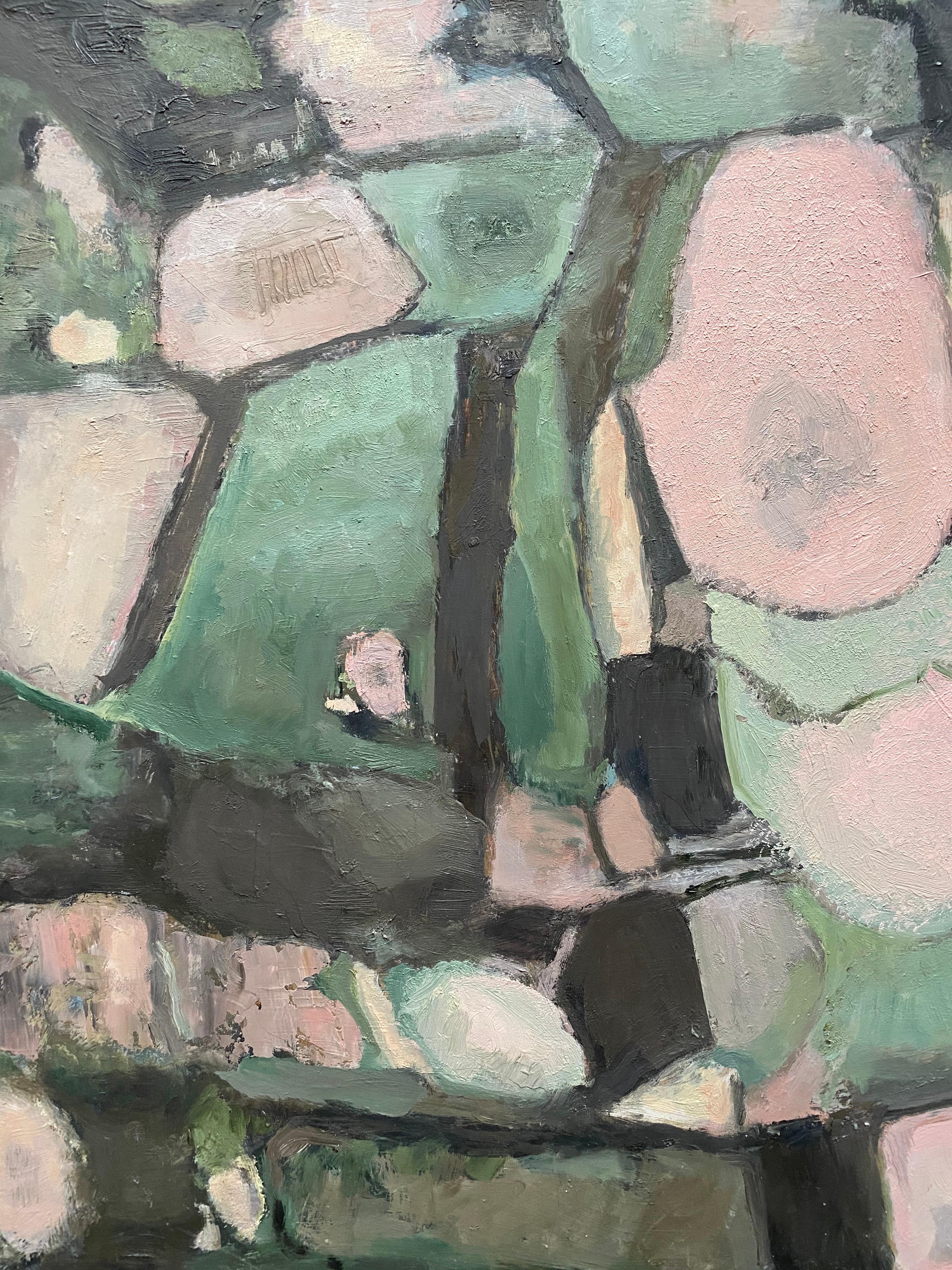 CONTEMPORARY FRENCH CUBIST ABSTRACT PAINTING - GREEN PINKS SHADES OF COLOR - Painting by Yvette Dubois Habasque
