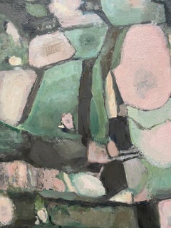 CONTEMPORARY FRENCH CUBIST ABSTRACT PAINTING - GREEN PINKS SHADES OF COLOR