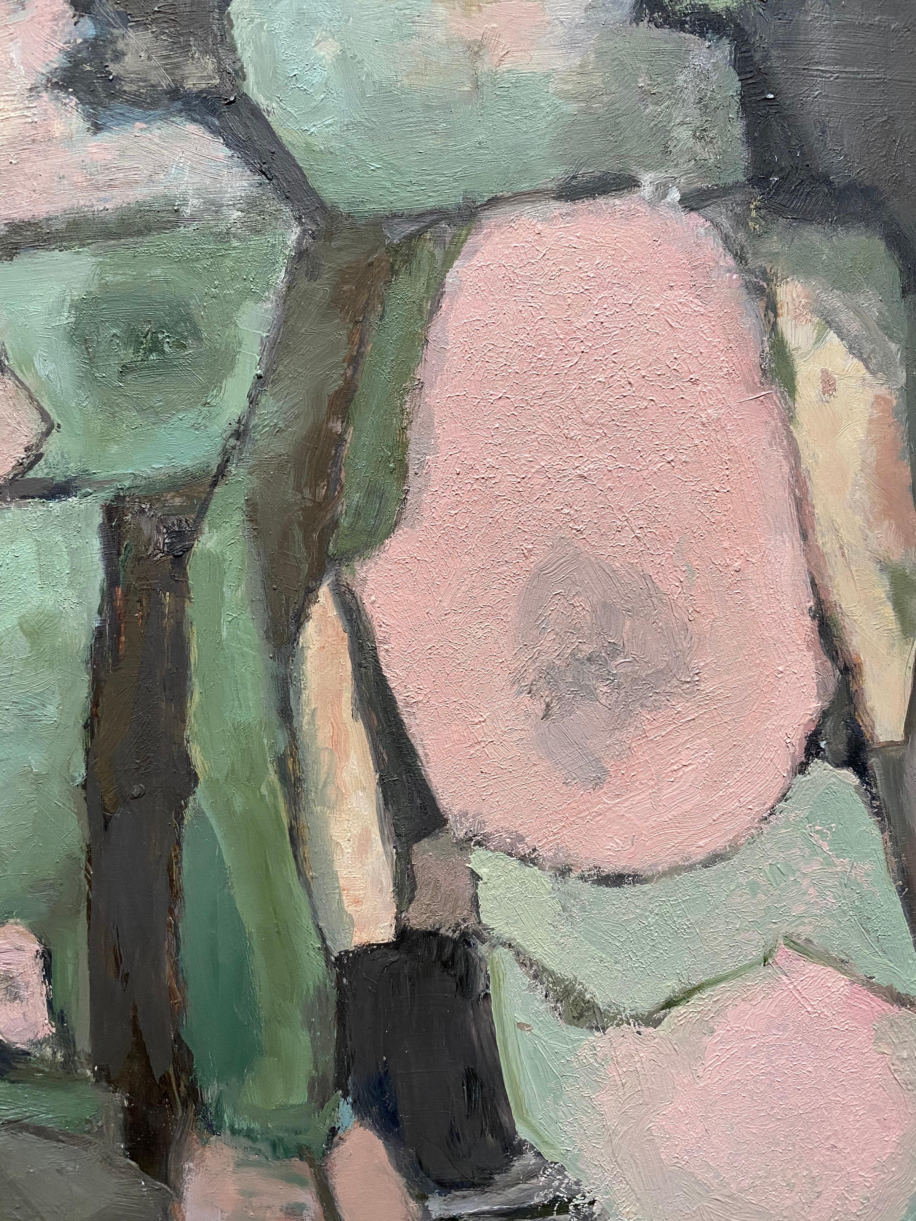 CONTEMPORARY FRENCH CUBIST ABSTRACT PAINTING - GREEN PINKS SHADES OF COLOR - Abstract Expressionist Painting by Yvette Dubois Habasque