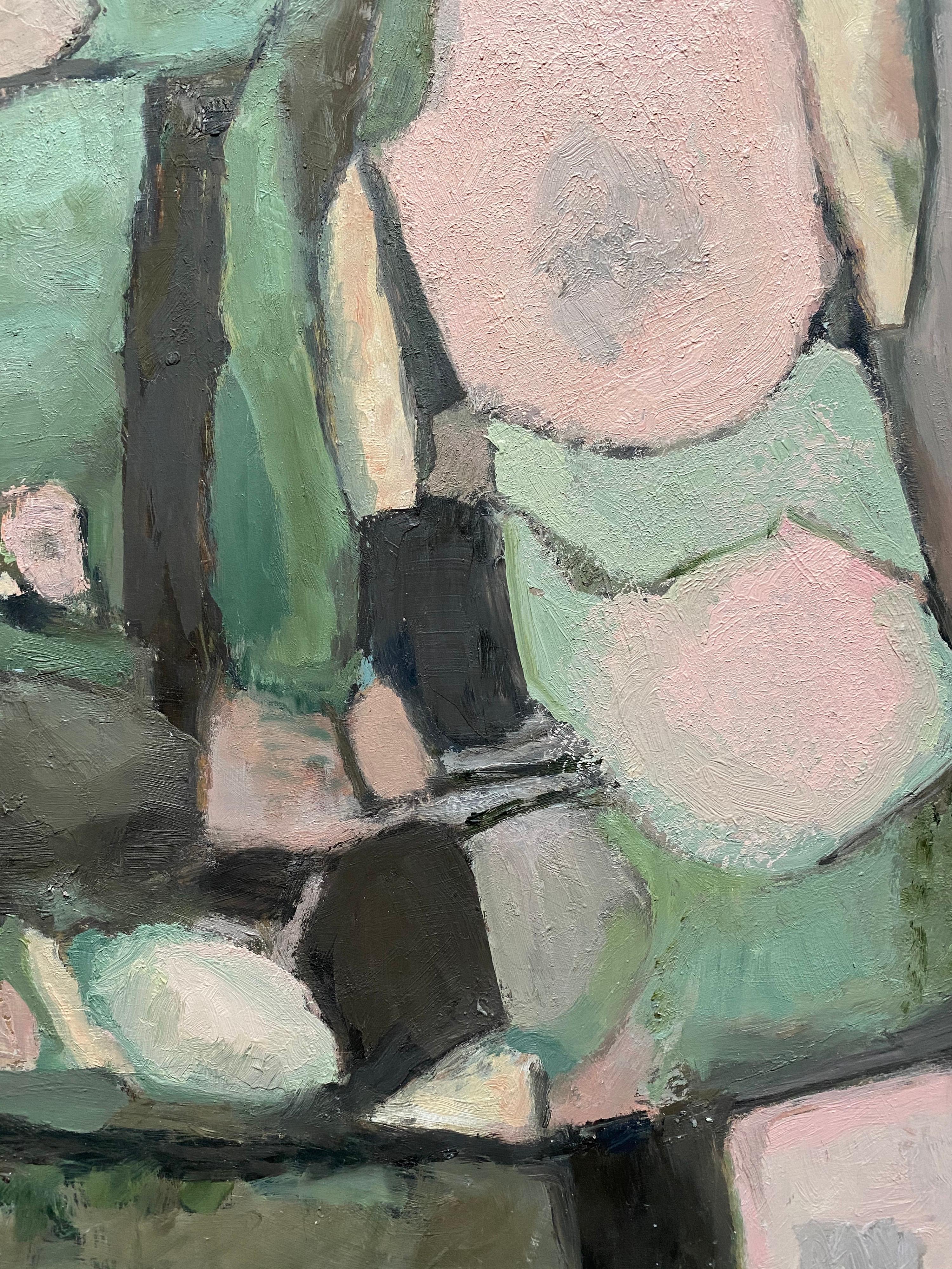 CONTEMPORARY FRENCH CUBIST ABSTRACT PAINTING - GREEN PINKS SHADES OF COLOR - Gray Abstract Painting by Yvette Dubois Habasque