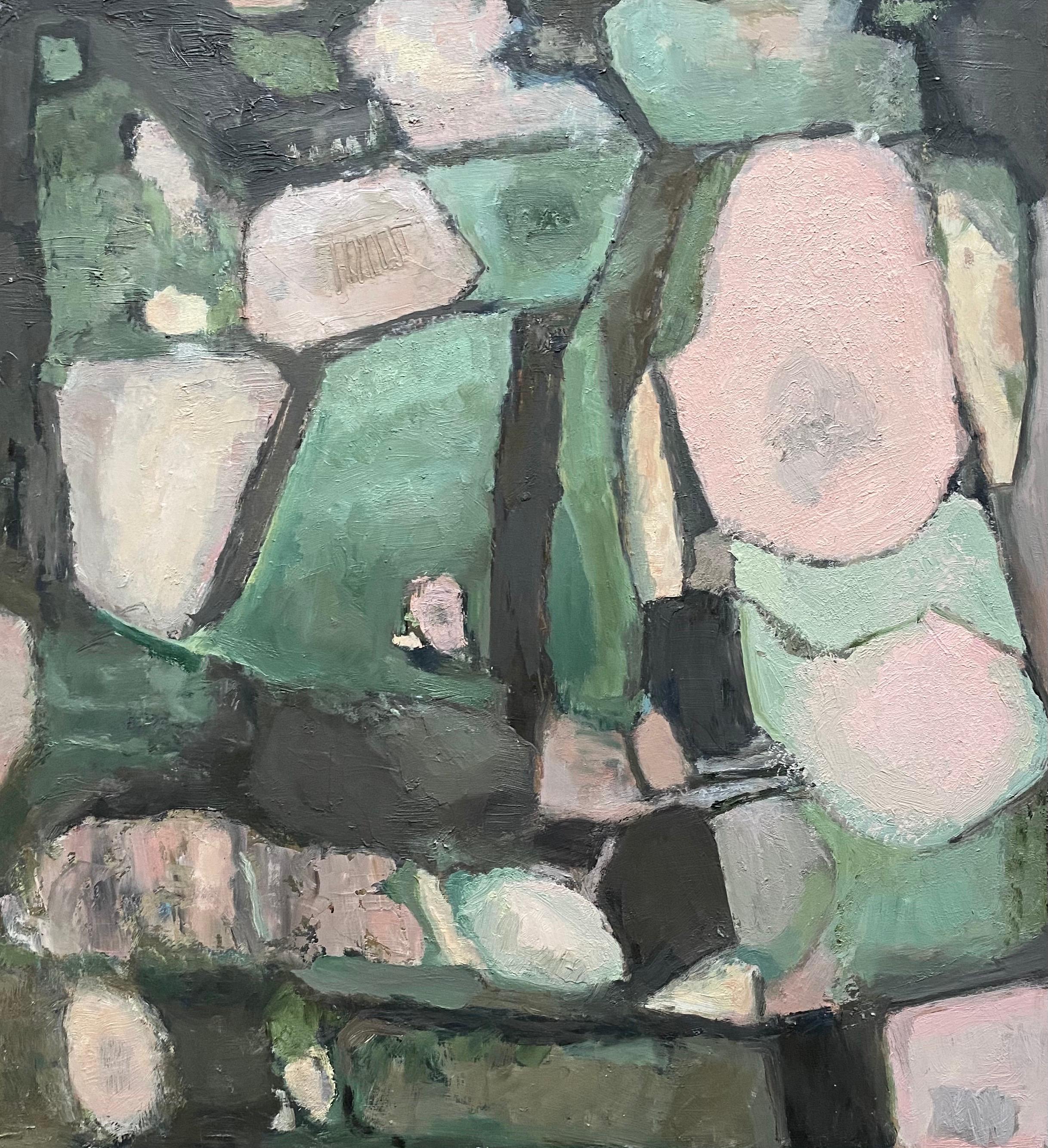 CONTEMPORARY FRENCH CUBIST ABSTRACT PAINTING - GREEN PINKS SHADES OF COLOR