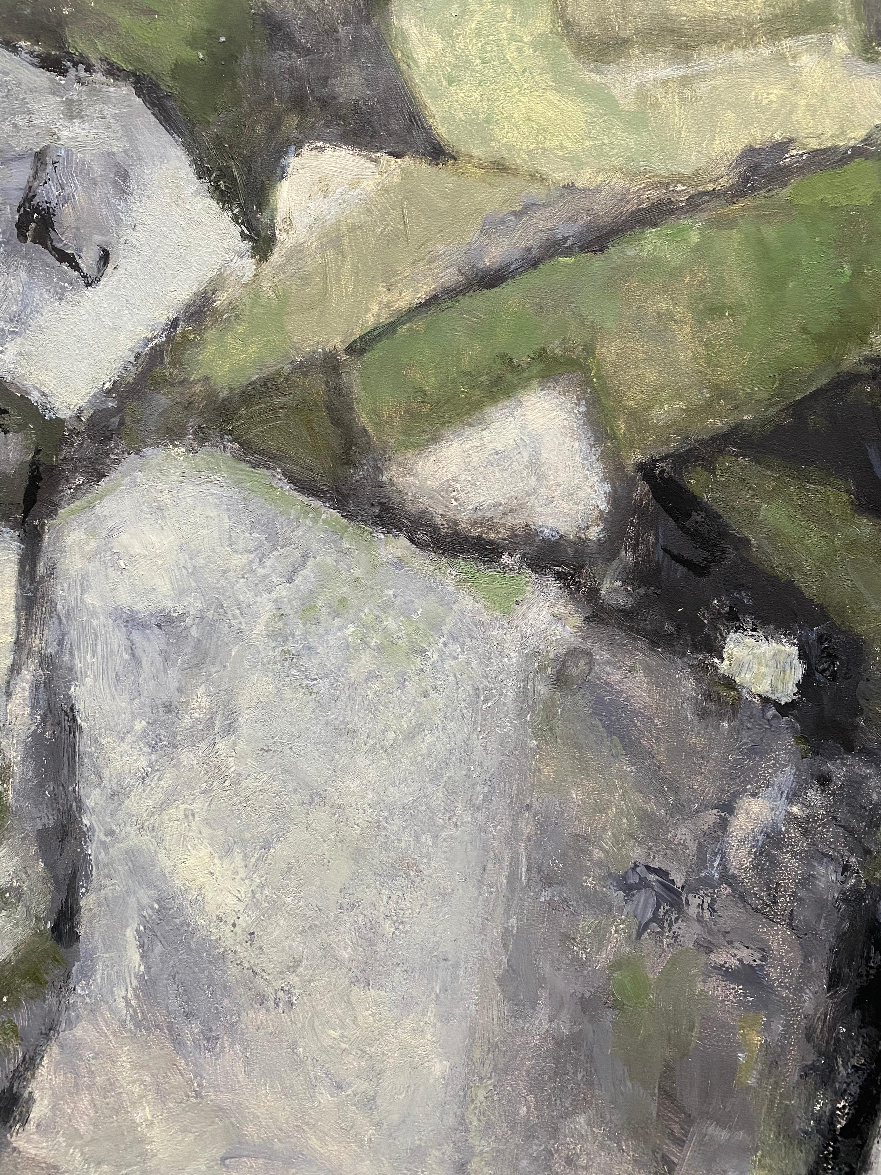 Peinture abstraite contemporaine du cubiste français - teintes PASTEL DE GREEN - Painting de Yvette Dubois Habasque