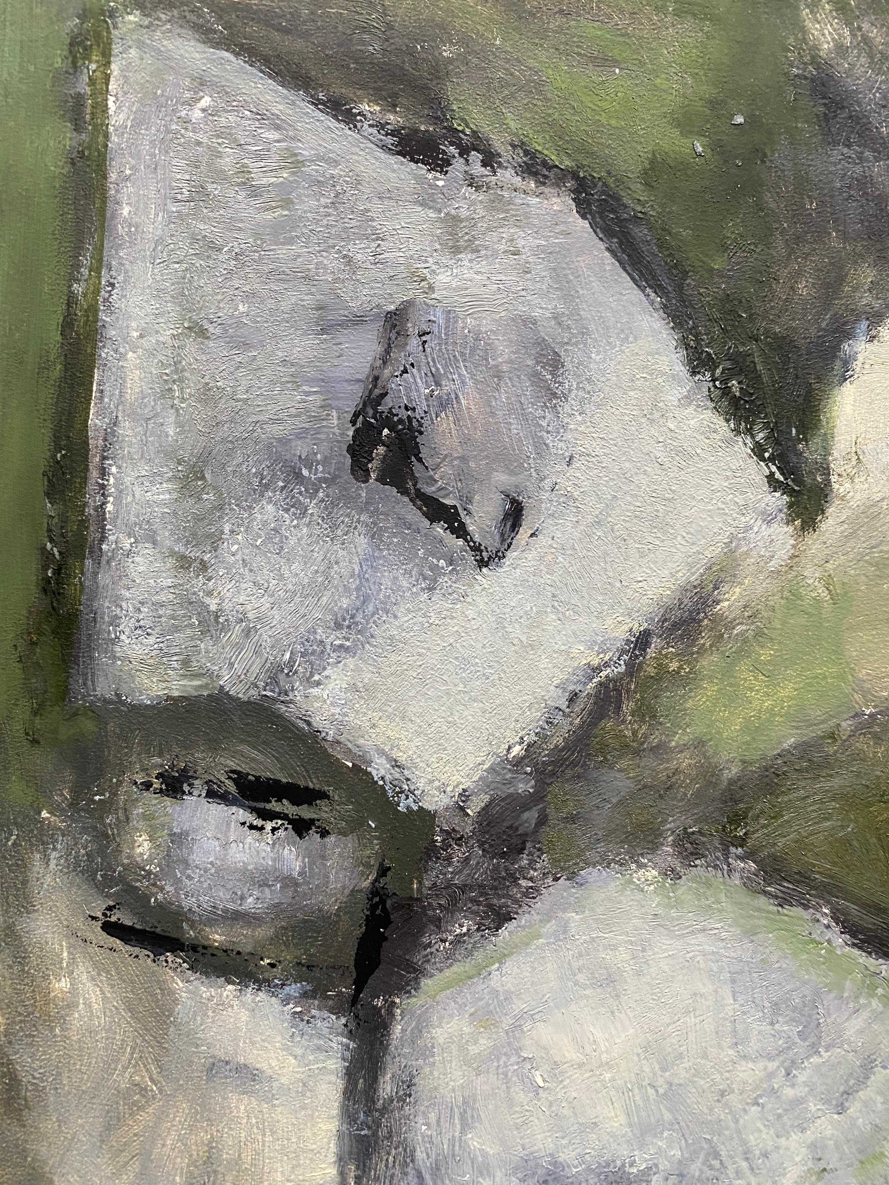 Peinture abstraite contemporaine du cubiste français - teintes PASTEL DE GREEN - Expressionnisme abstrait Painting par Yvette Dubois Habasque