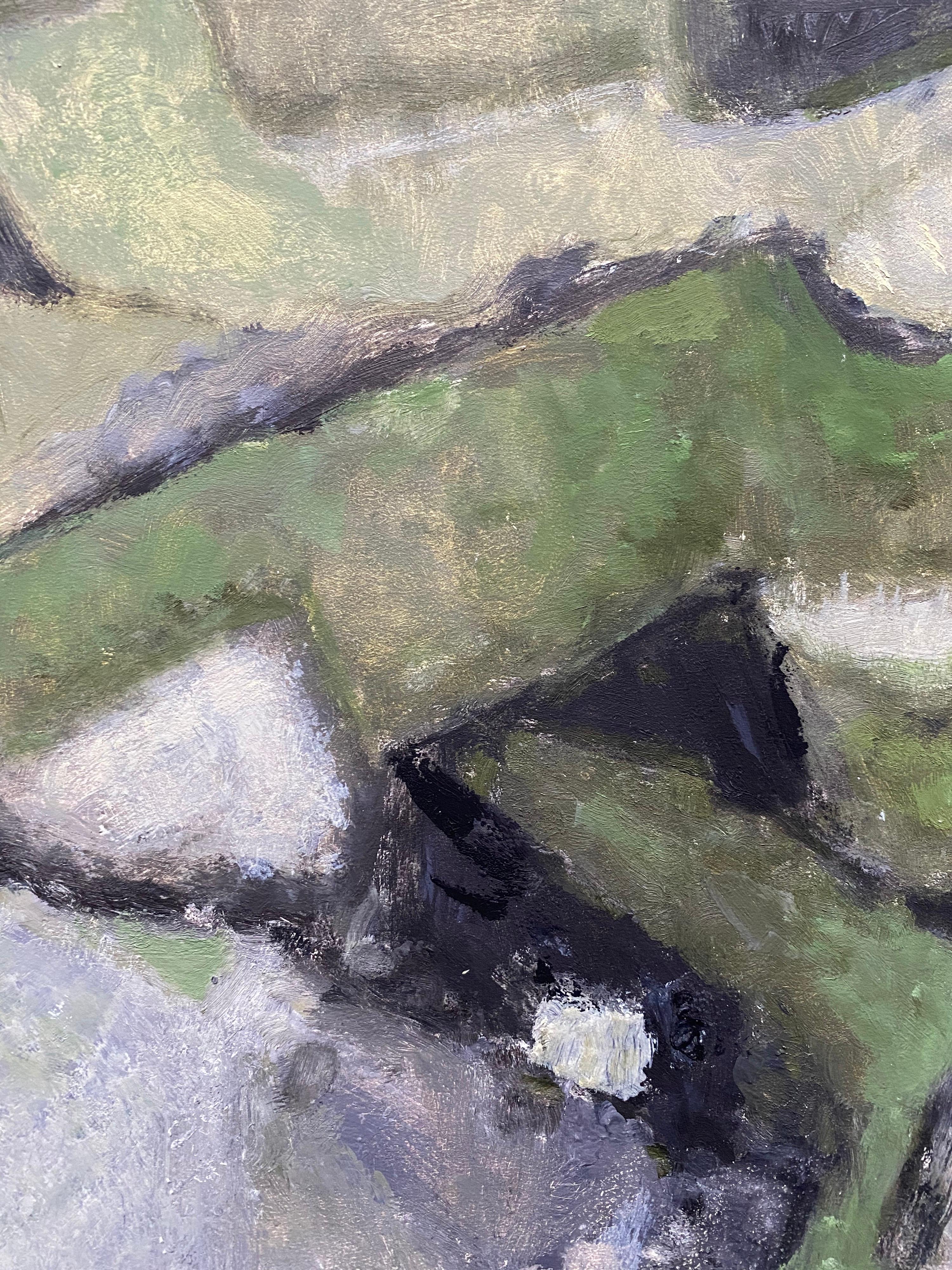 Peinture abstraite contemporaine du cubiste français - teintes PASTEL DE GREEN - Gris Abstract Painting par Yvette Dubois Habasque