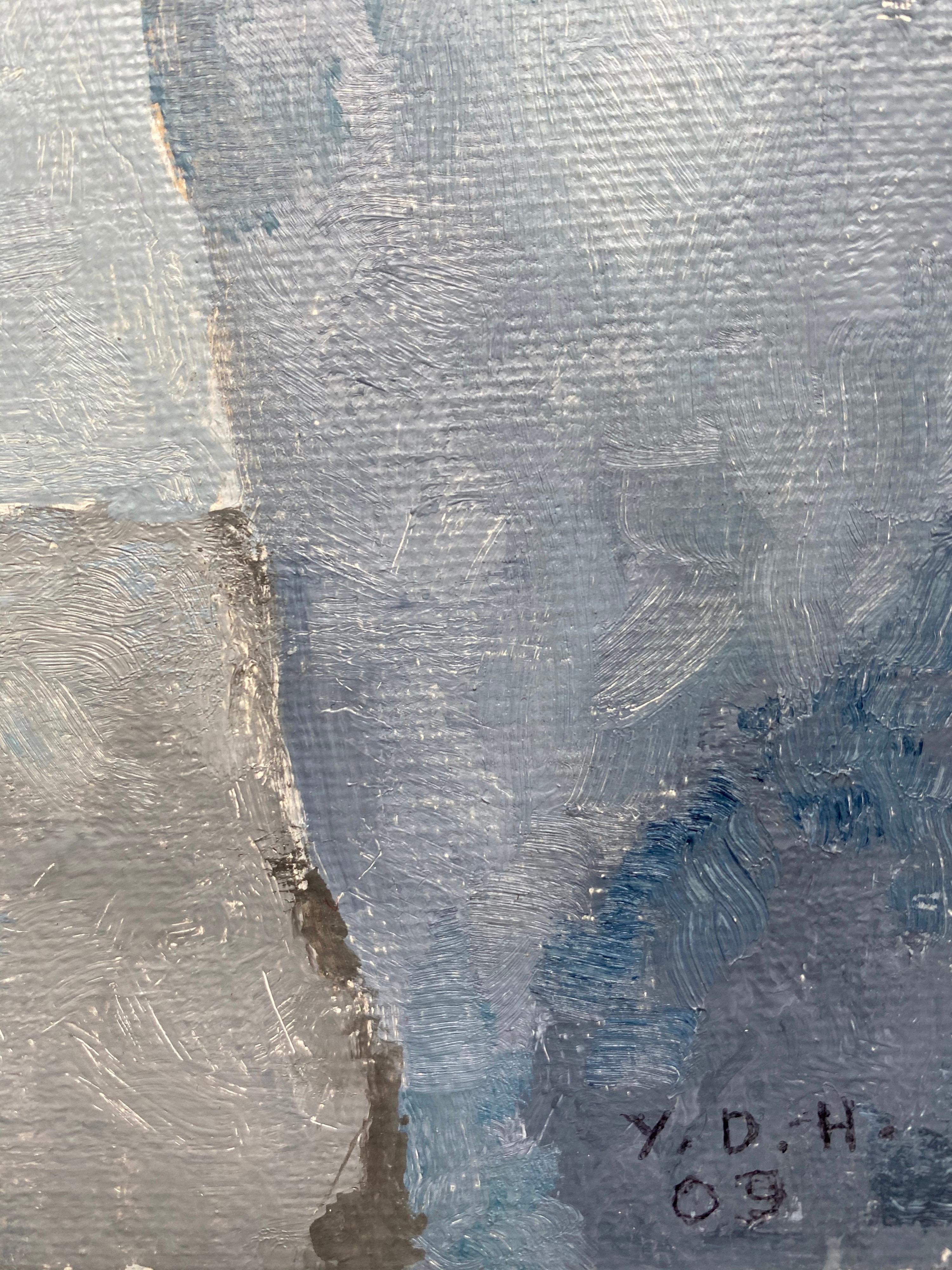 Peinture à l'huile cubiste française abstraite - Abat-jours pastel bleus et gris - Painting de Yvette Dubois Habasque