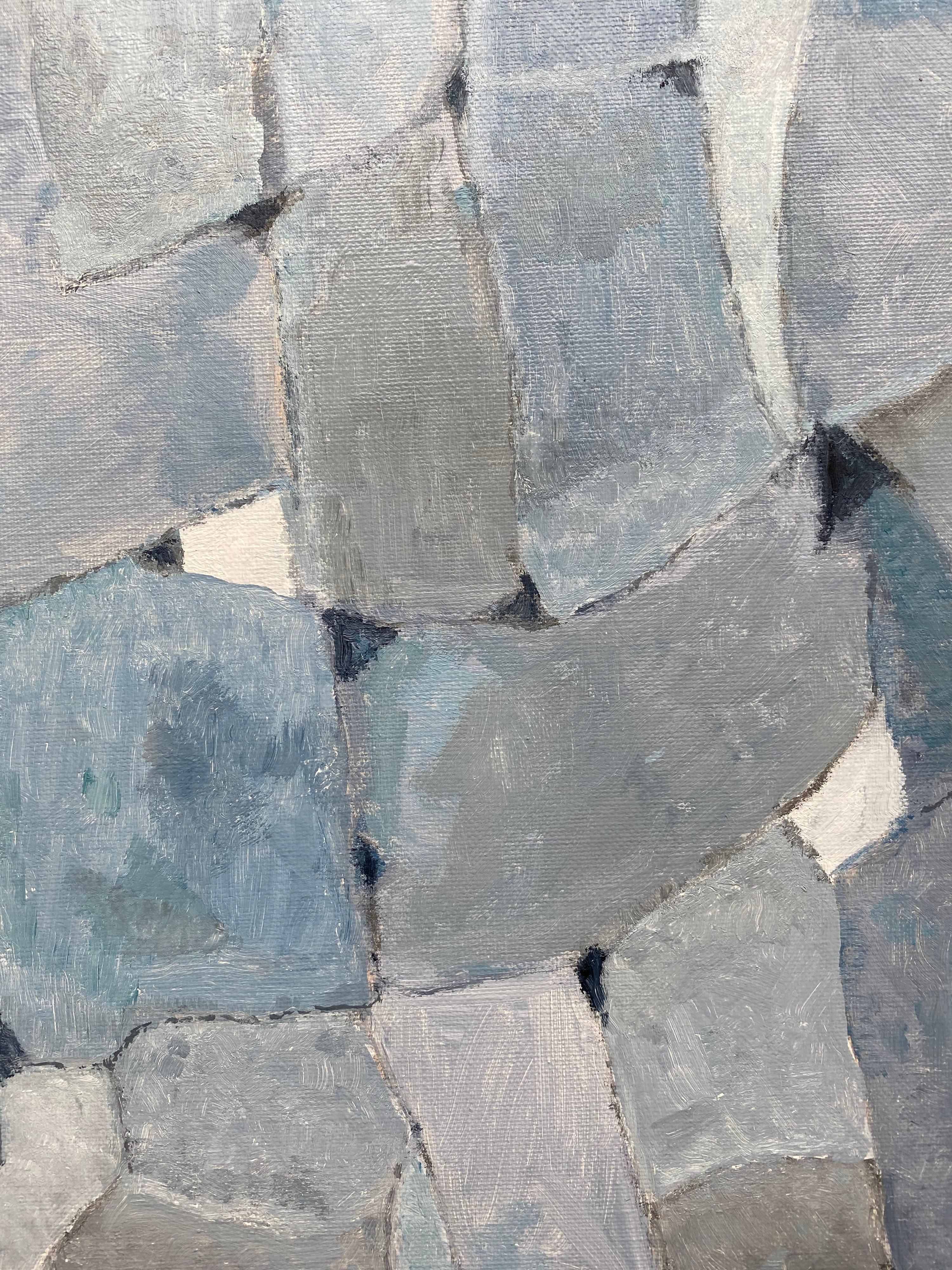 Peinture à l'huile cubiste française abstraite - Abat-jours pastel bleus et gris - Expressionnisme abstrait Painting par Yvette Dubois Habasque