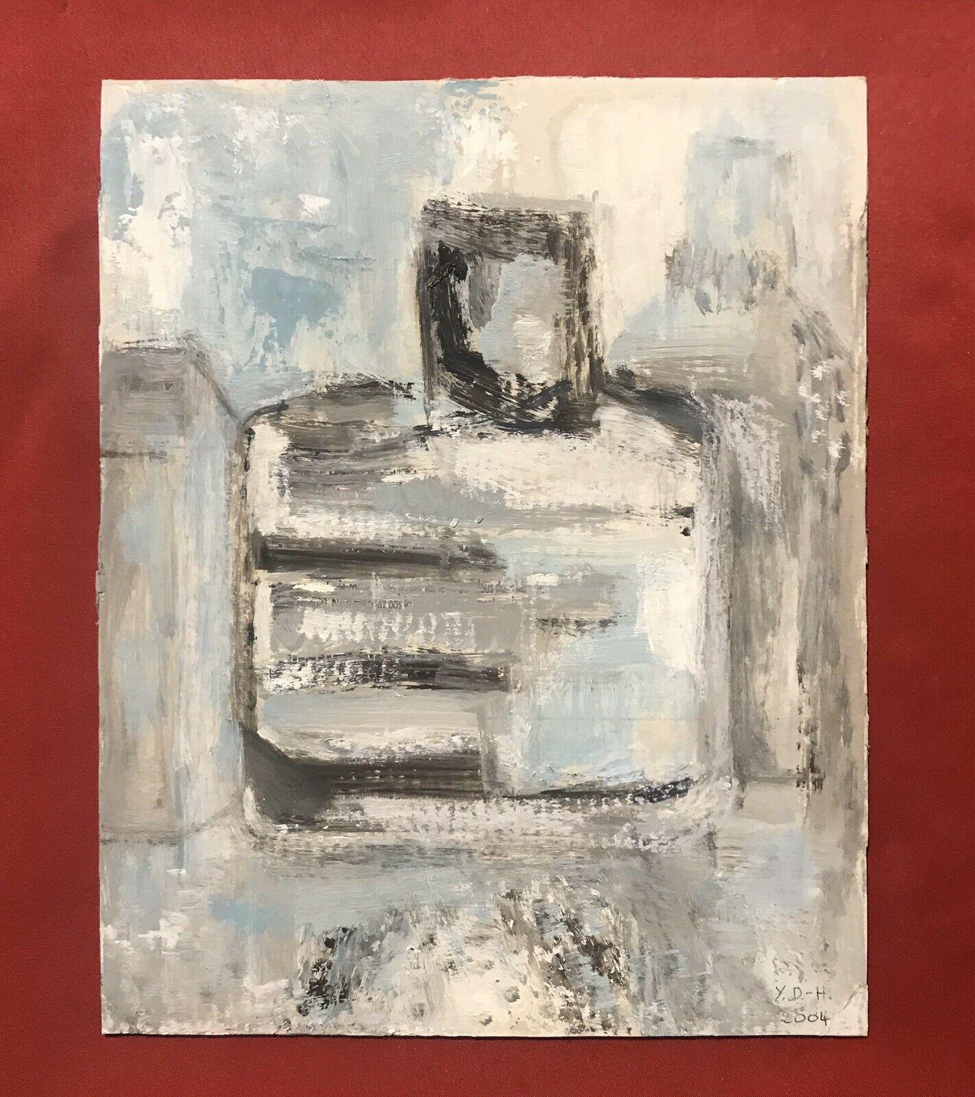 FRENCHischer kubistischer Streifzug in blau-grau-weiß- und schwarzen Formen – Painting von Yvette Dubois Habasque