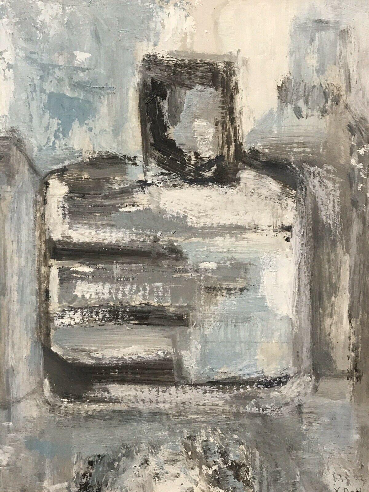 Yvette Dubois Habasque Abstract Painting - FRENCH CUBIST ABSTRACT PAINTING Blue Grey White and Black Shapes