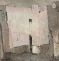 Peinture à l'huile expressionniste française abstraite - Des roses et des carrés gris
